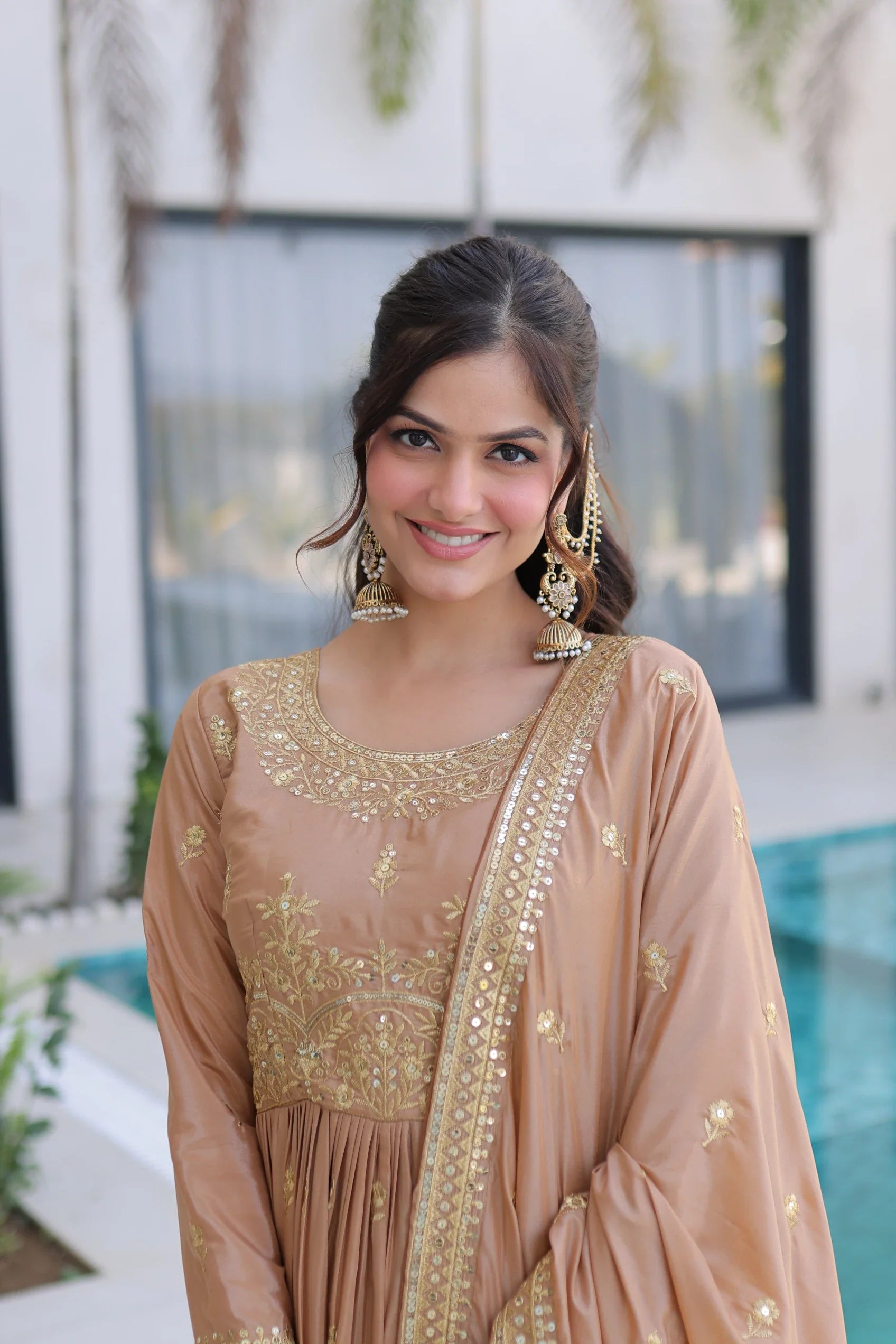 Tiyara golden brown silk kurti sharara set with rich sequins embroidery