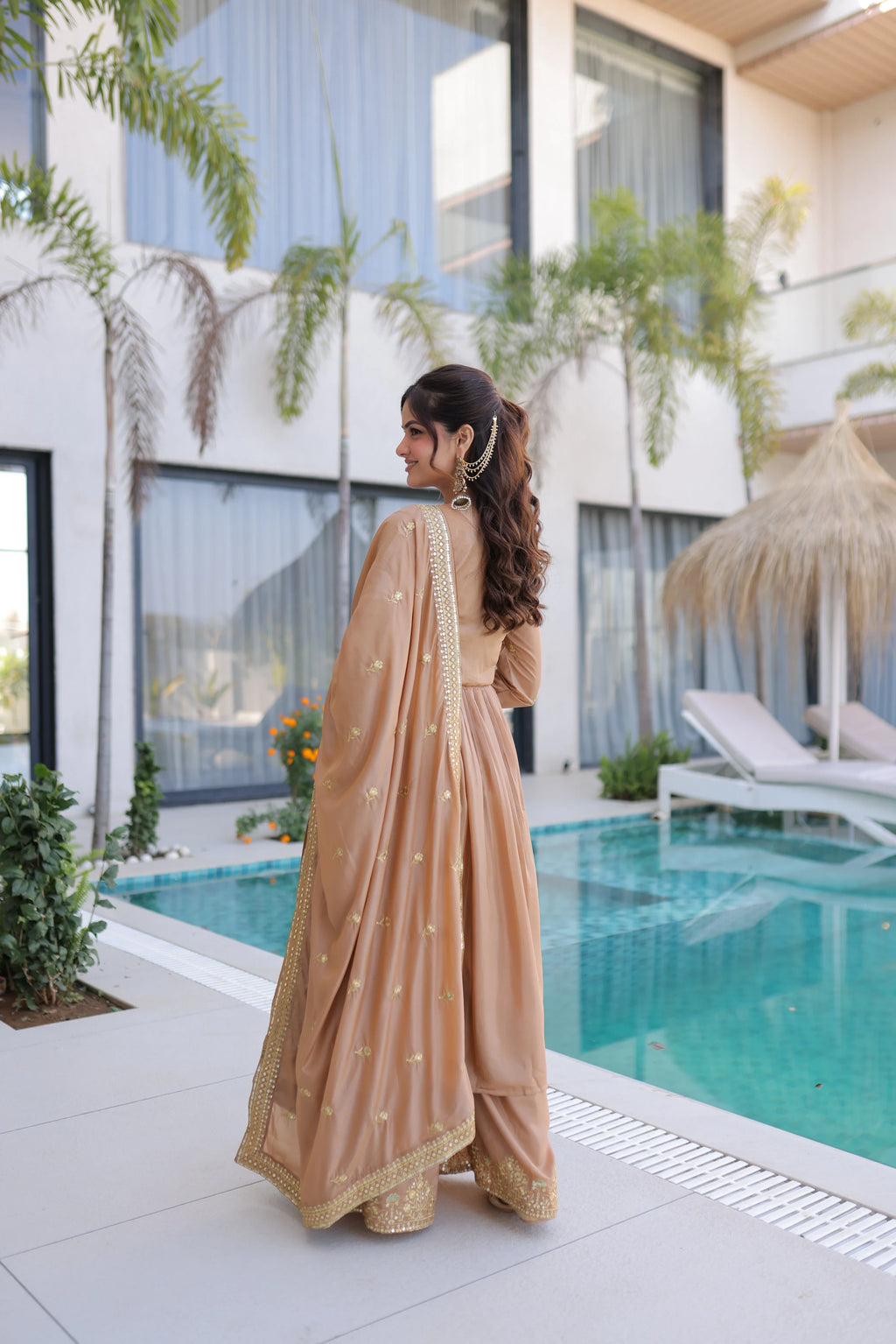 Tiyara golden brown silk kurti sharara set with rich sequins embroidery