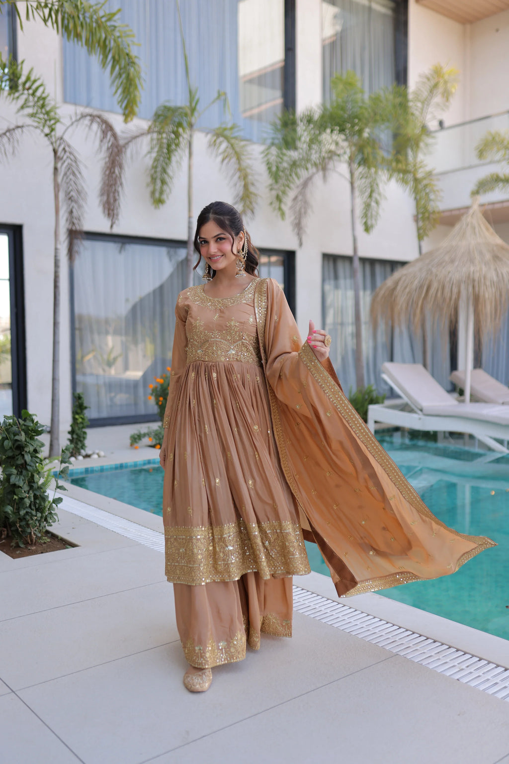Tiyara golden brown silk kurti sharara set with rich sequins embroidery
