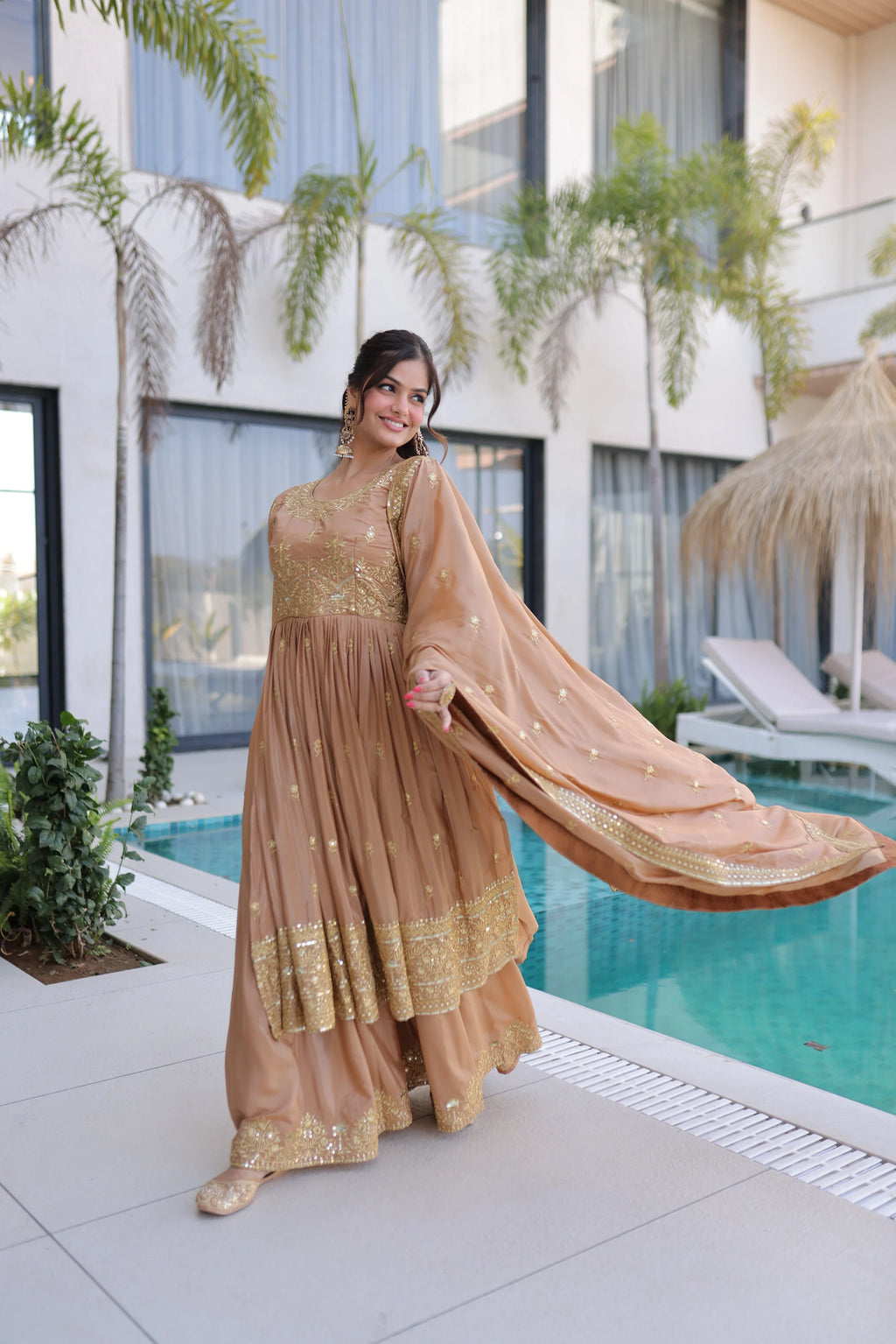 Tiyara golden brown silk kurti sharara set with rich sequins embroidery