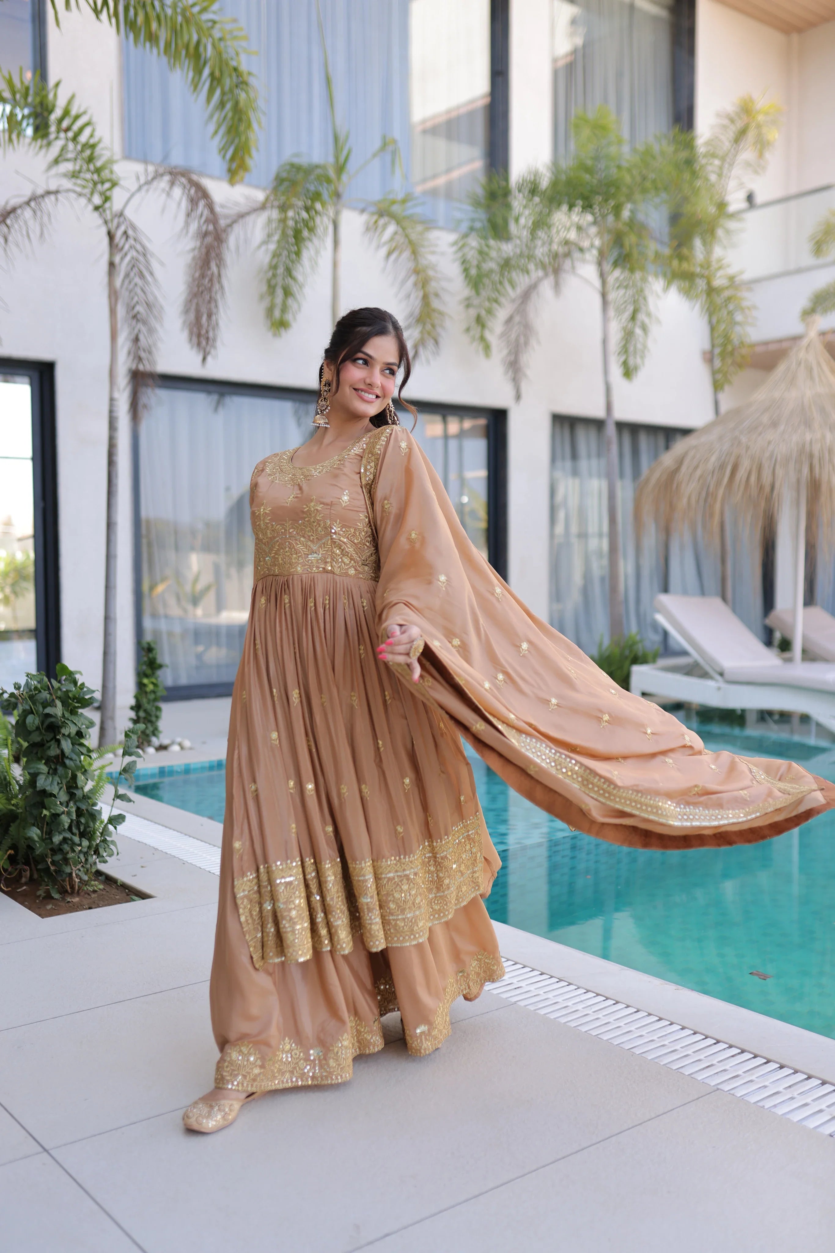 Tiyara golden brown silk kurti sharara set with rich sequins embroidery