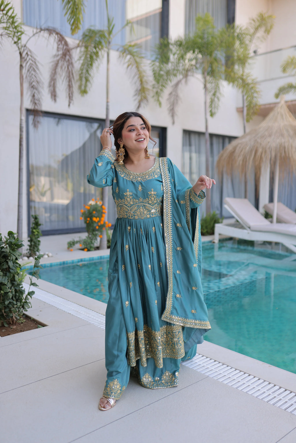 Tiyara sky blue silk kurti sharara set with rich sequins embroidery