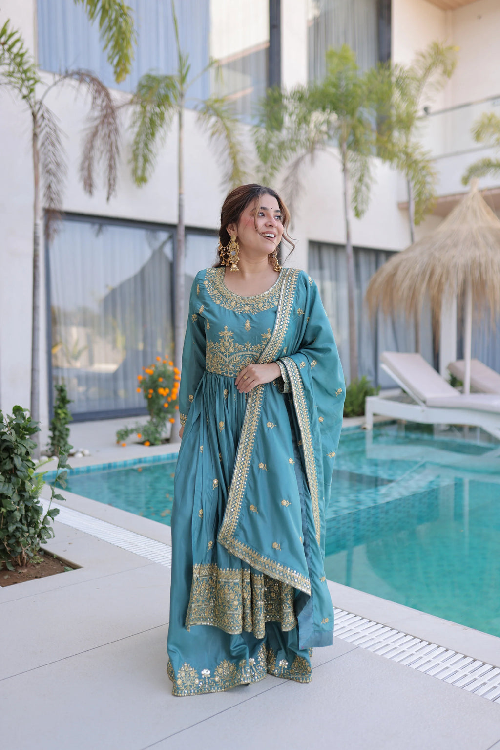Tiyara sky blue silk kurti sharara set with rich sequins embroidery