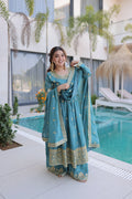 Tiyara sky blue silk kurti sharara set with rich sequins embroidery