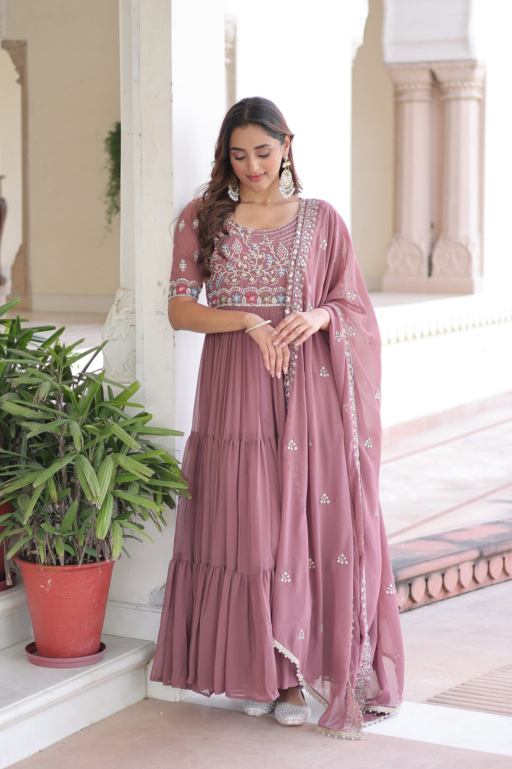 Tosi peach faux blooming gown with sequins embroidered work and dupatta