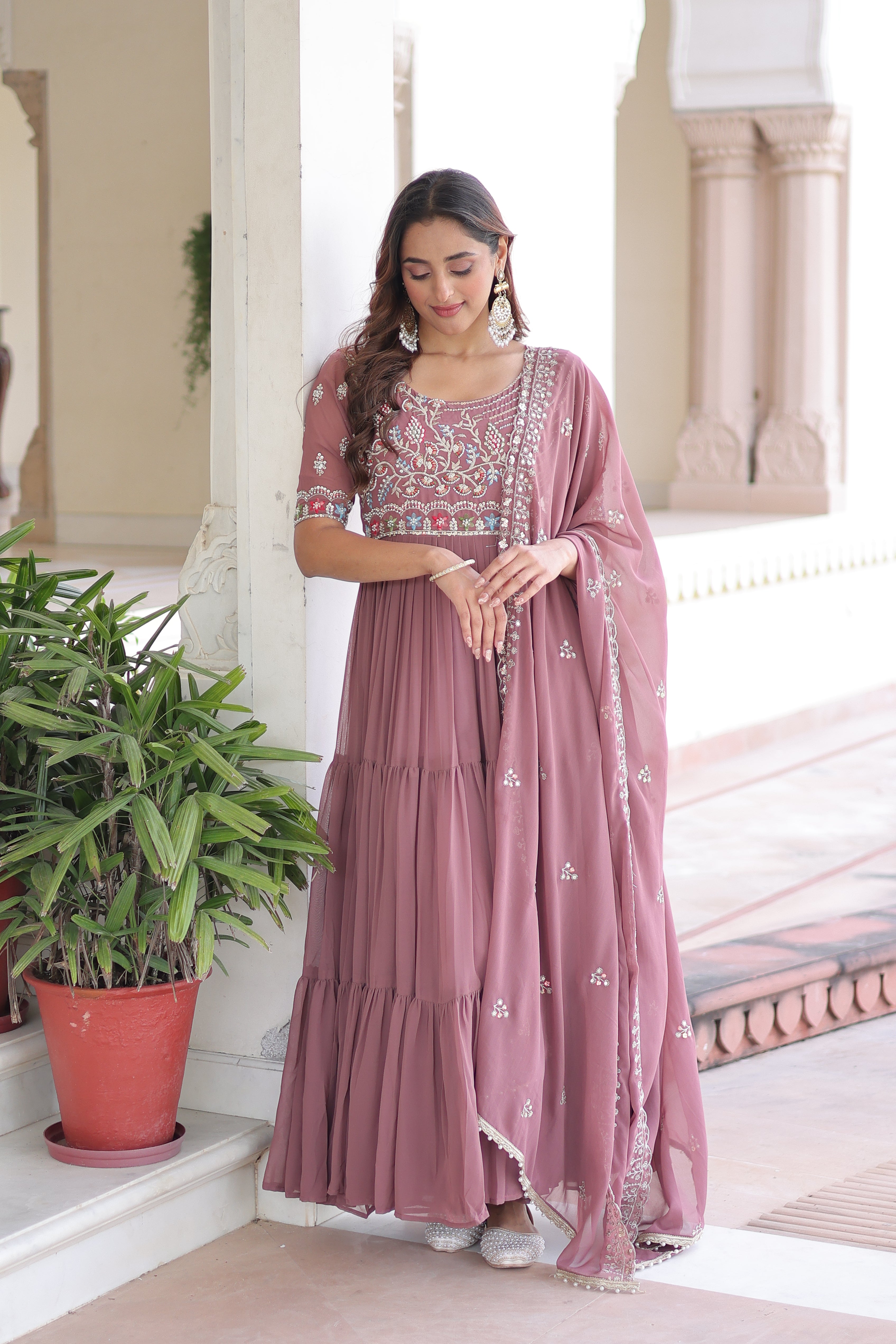 Tosi peach faux blooming gown with sequins embroidered work and dupatta