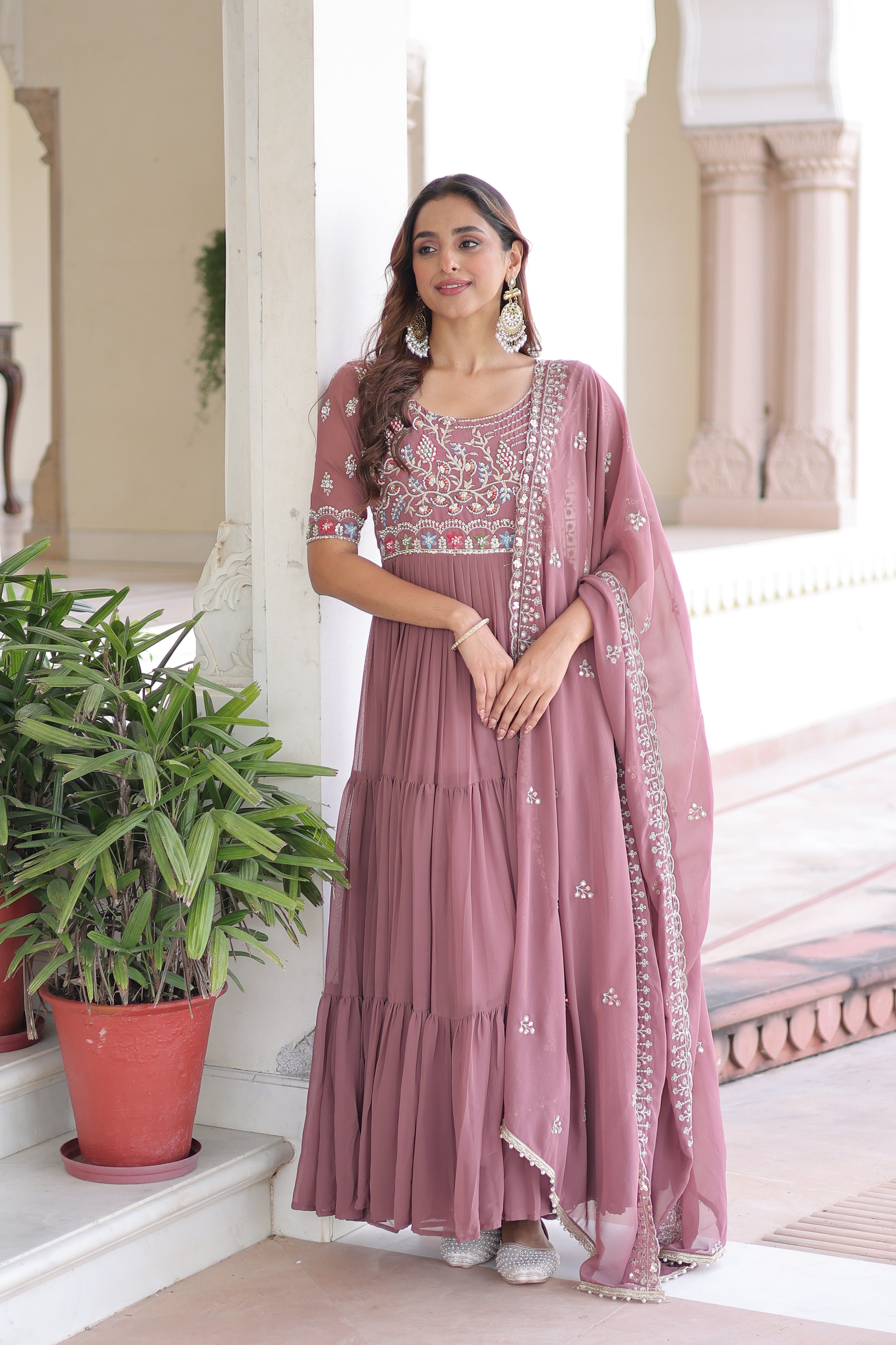 Tosi peach faux blooming gown with sequins embroidered work and dupatta