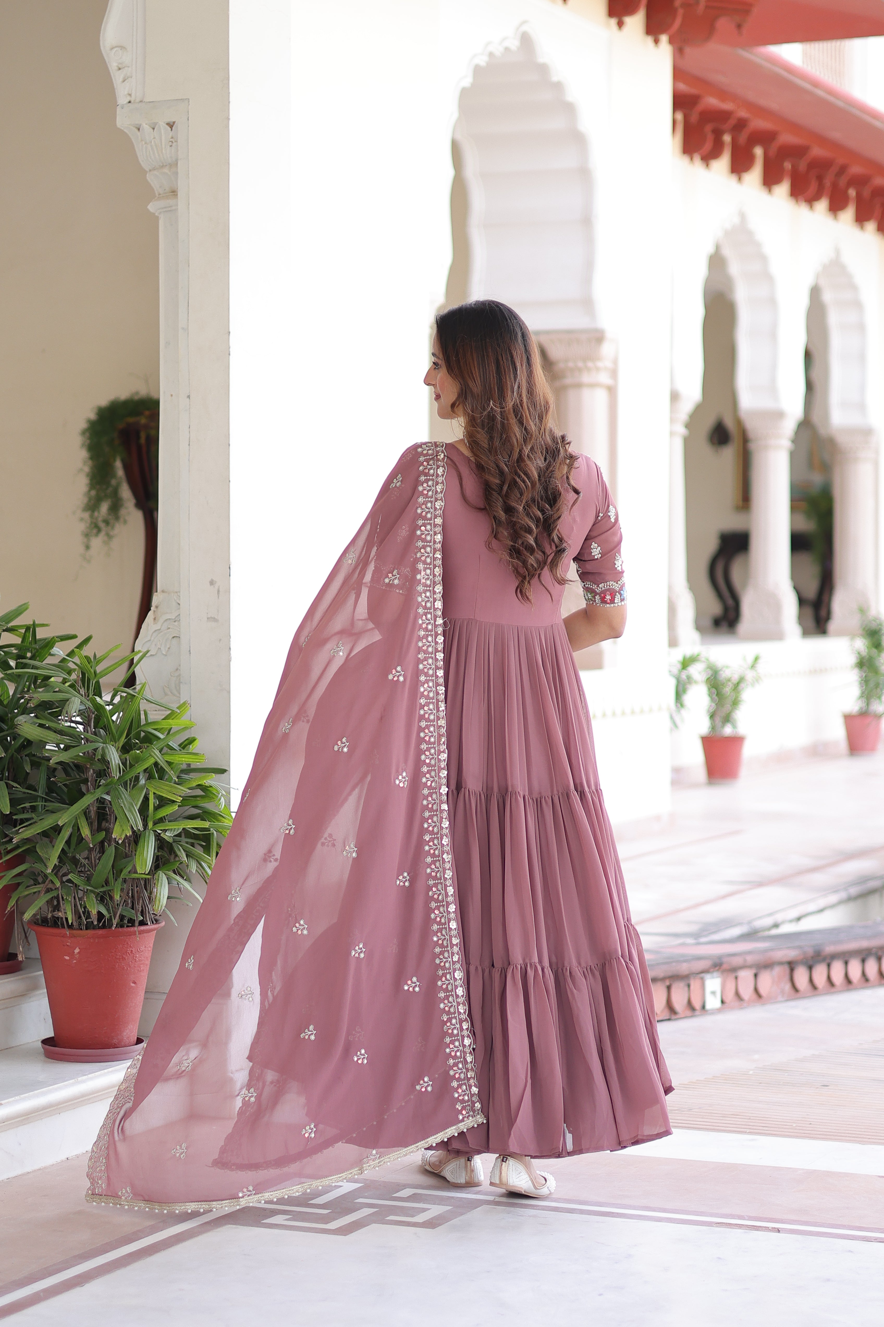 Tosi peach faux blooming gown with sequins embroidered work and dupatta