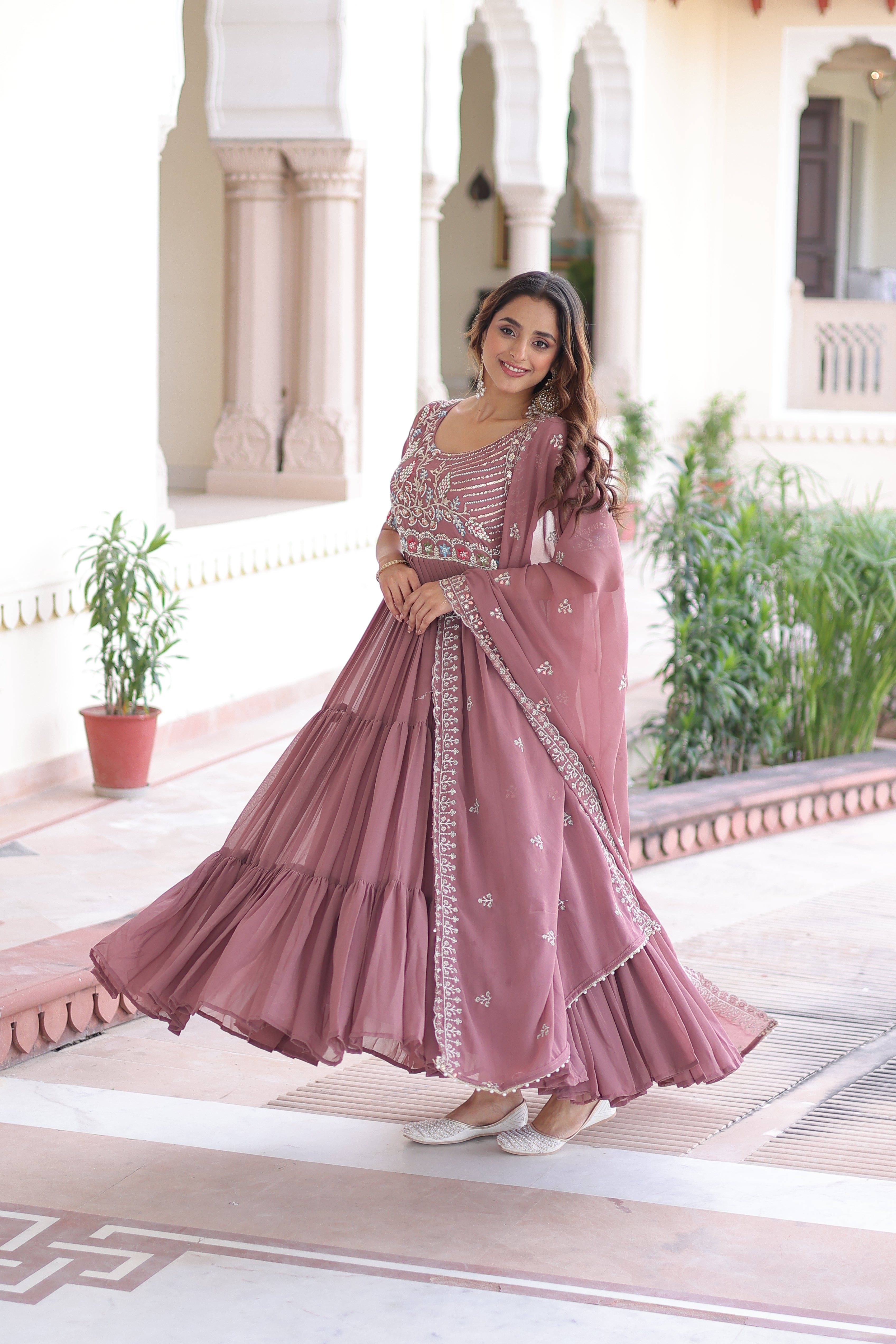 Tosi peach faux blooming gown with sequins embroidered work and dupatta