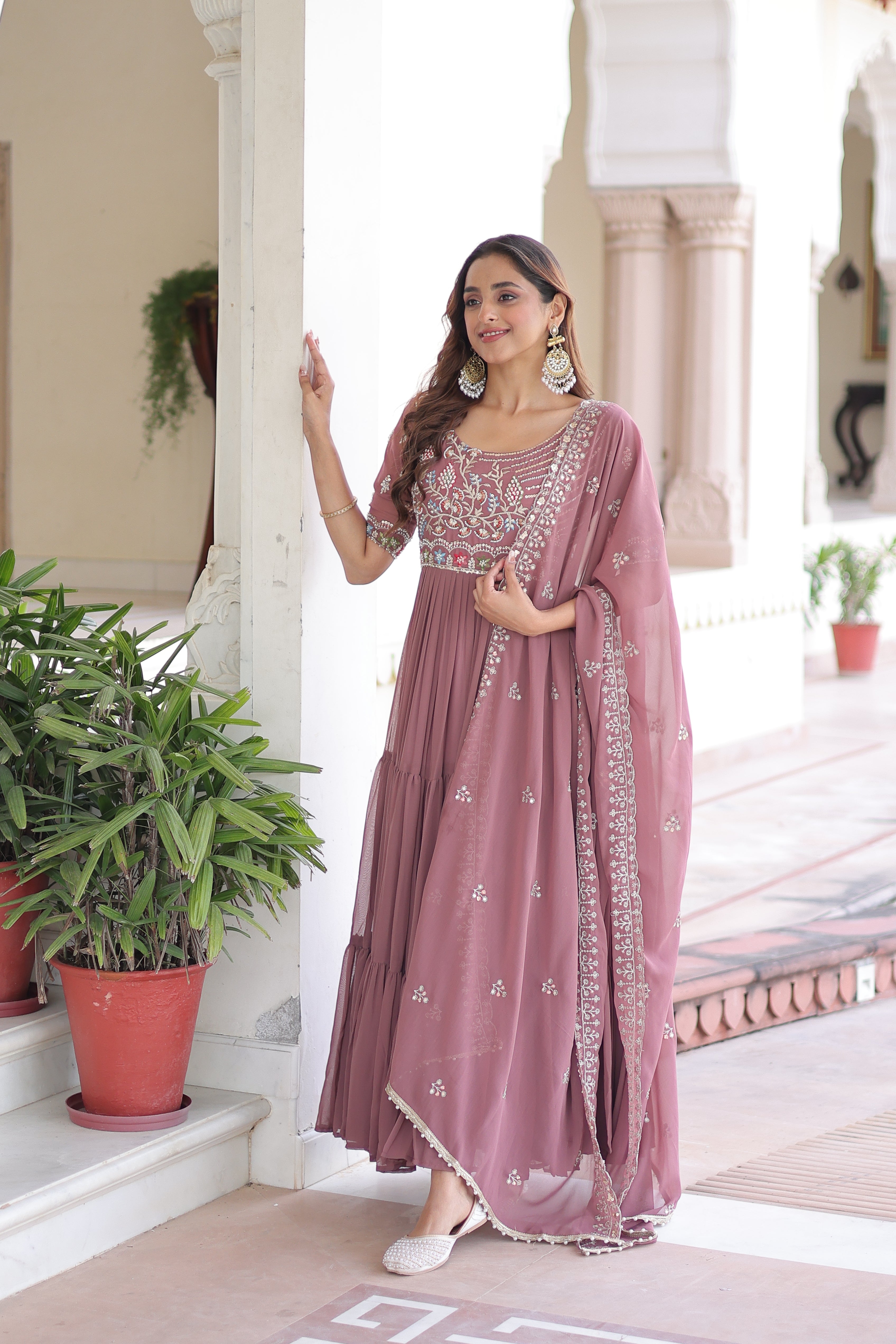 Tosi Peach Color Faux Blooming Sequins Embroidered Work Gown With Dupatta