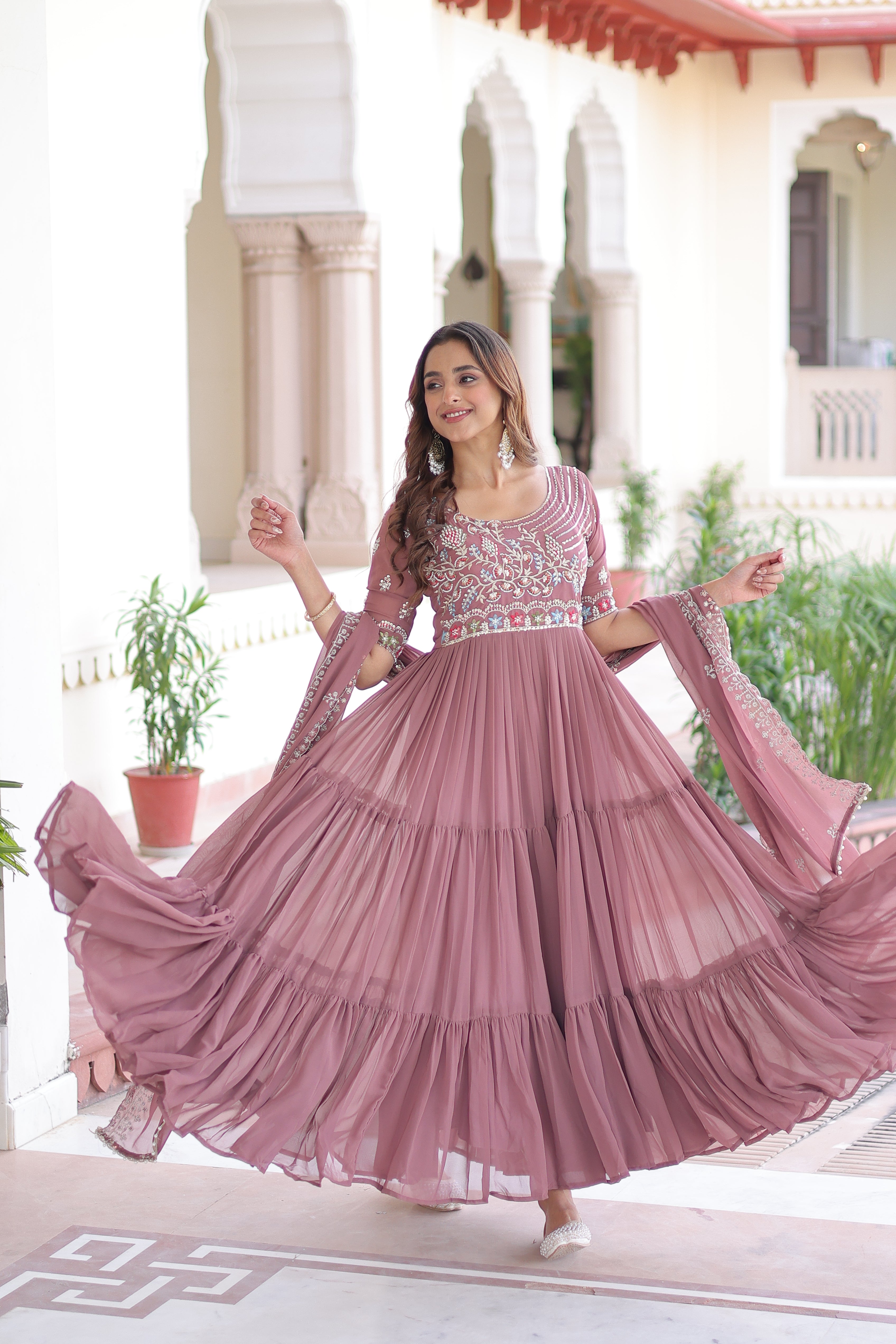 Tosi peach faux blooming gown with sequins embroidered work and dupatta