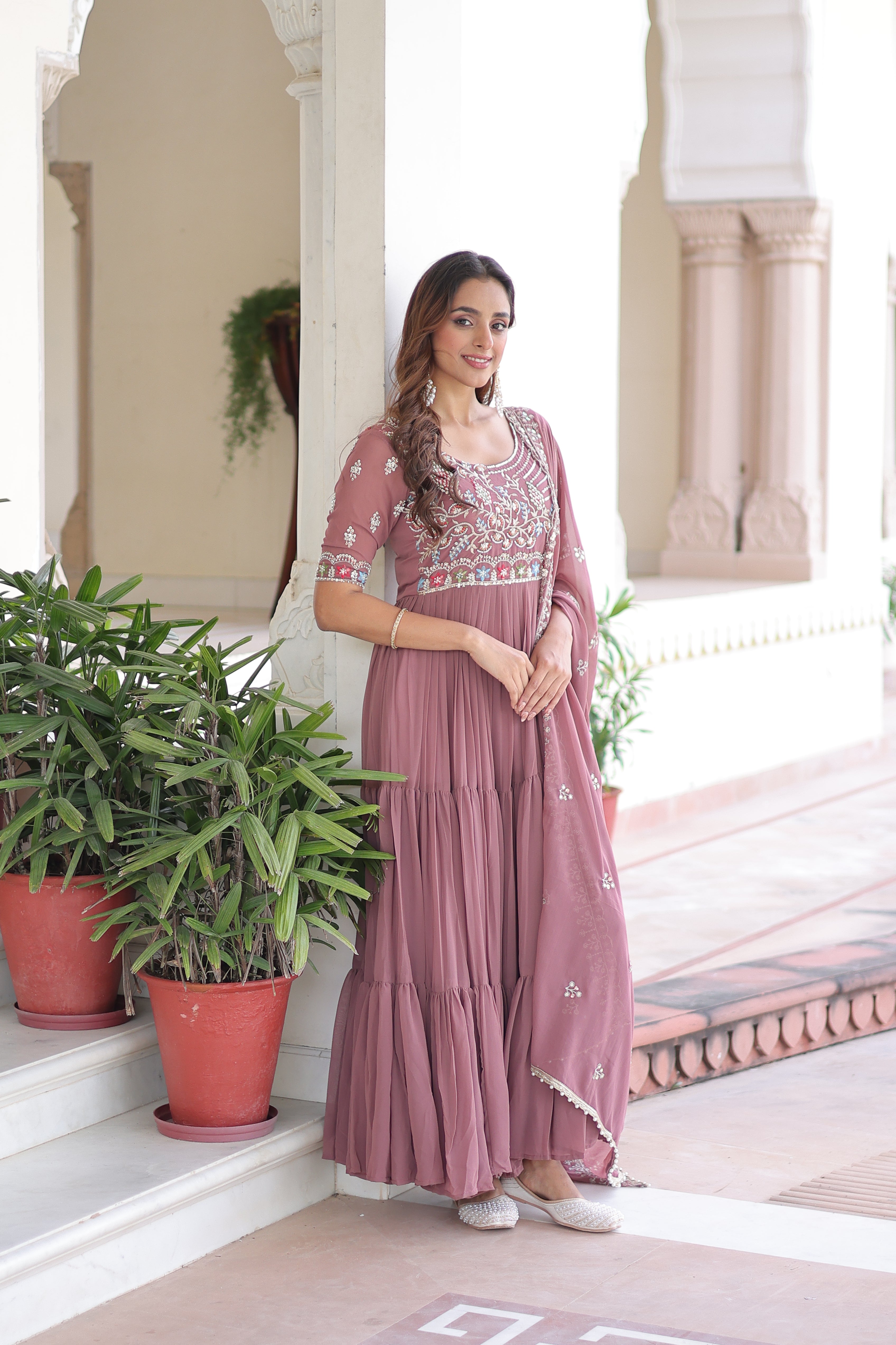 Tosi peach faux blooming gown with sequins embroidered work and dupatta