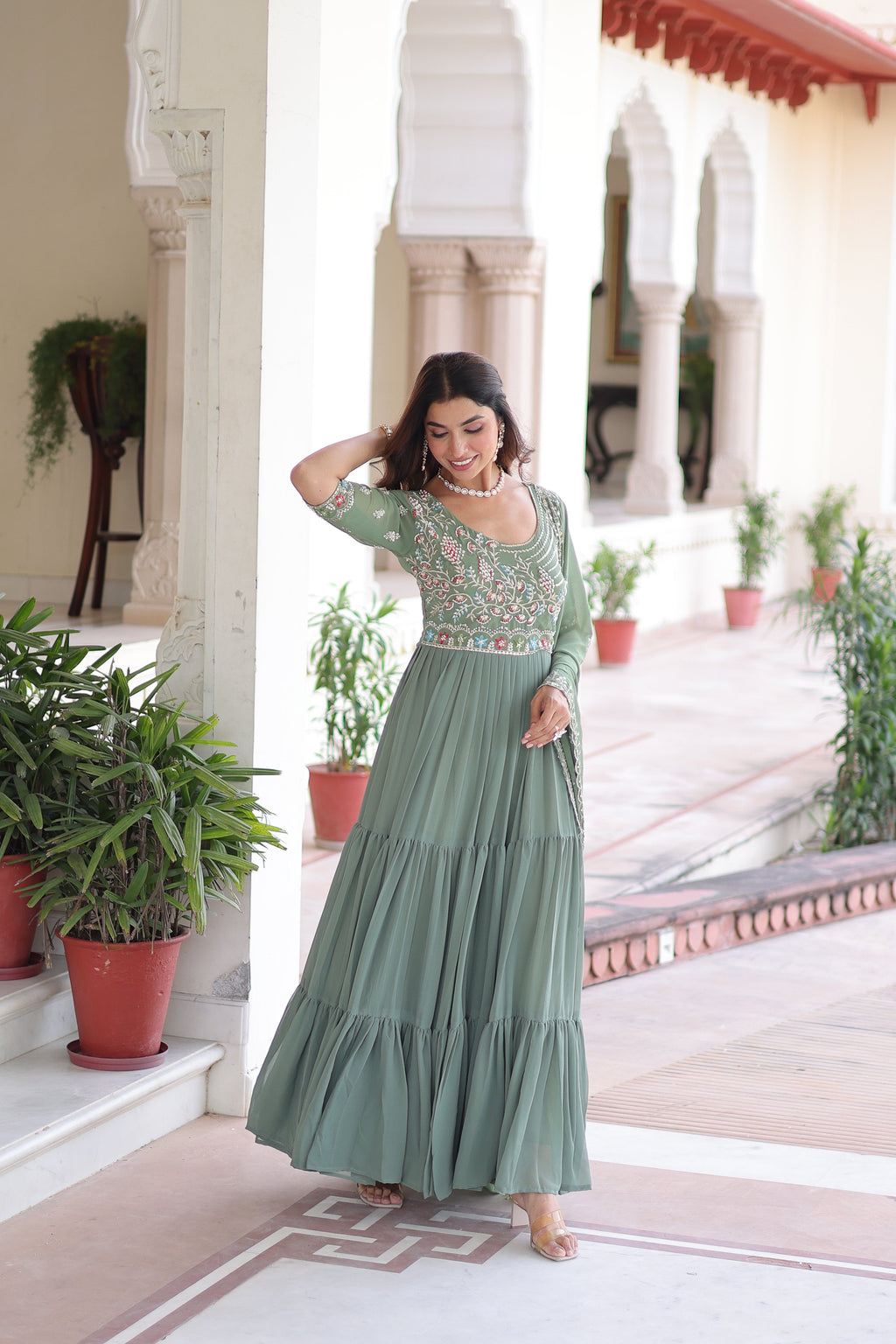 Tosi pista green faux blooming gown with sequins embroidered work and dupatta
