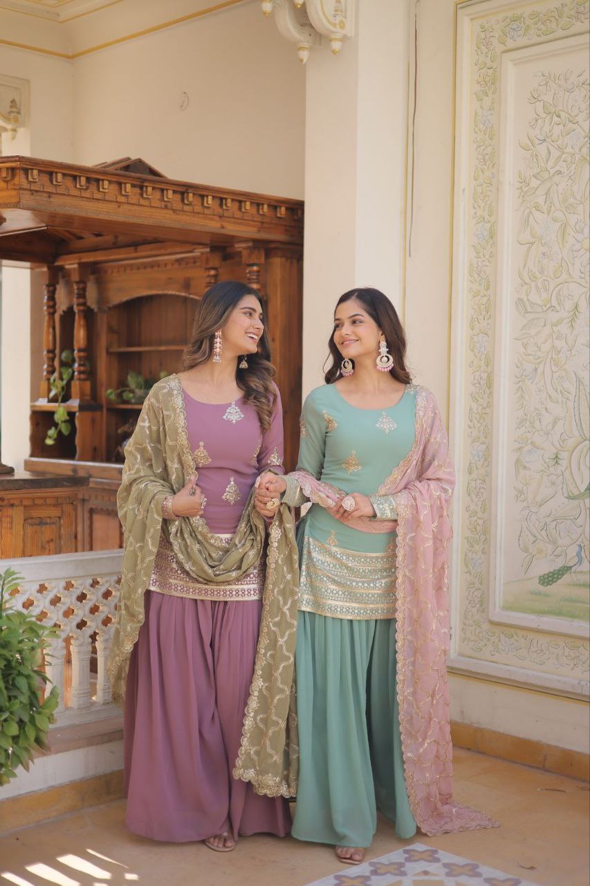 Vindhyavasini georgette embroidered kurti sharara set