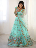 Turquoise net lehenga choli with thread and sequins embroidery and dupatta