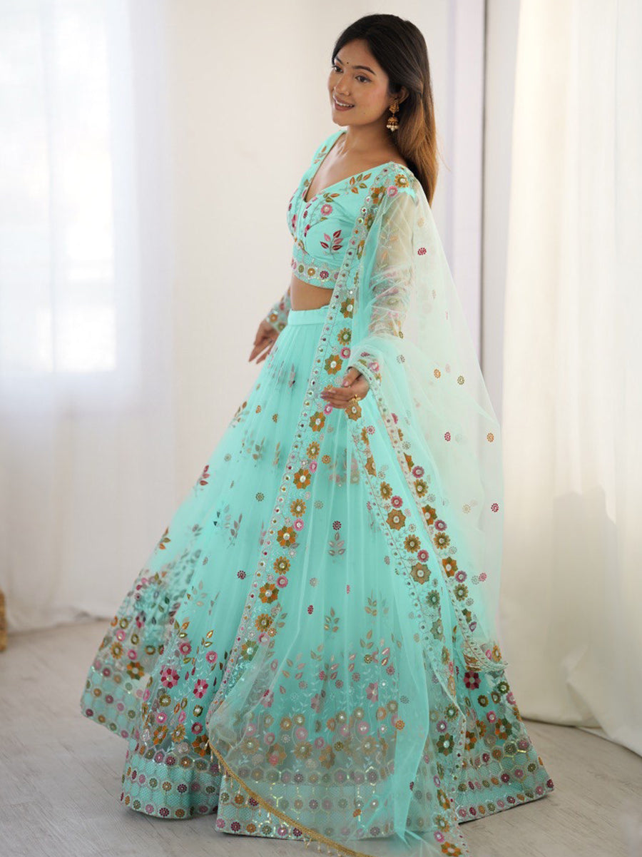 Turquoise net lehenga choli with thread and sequins embroidery and dupatta
