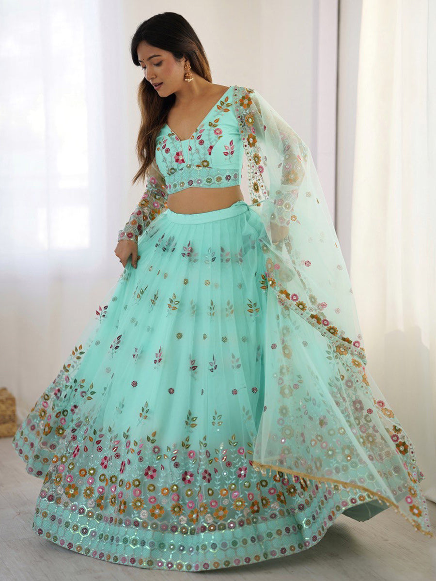 Turquoise net lehenga choli with thread and sequins embroidery and dupatta