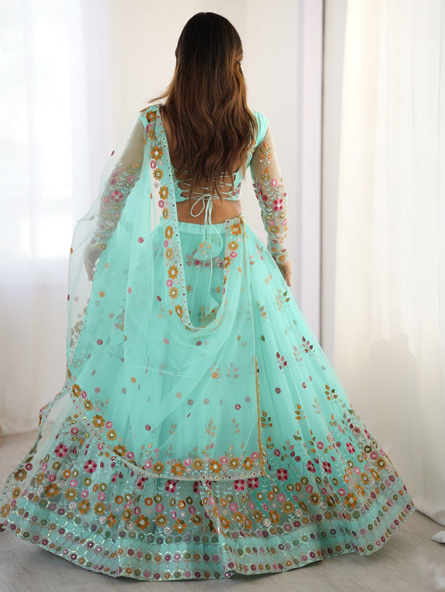 Turquoise net lehenga choli with thread and sequins embroidery and dupatta