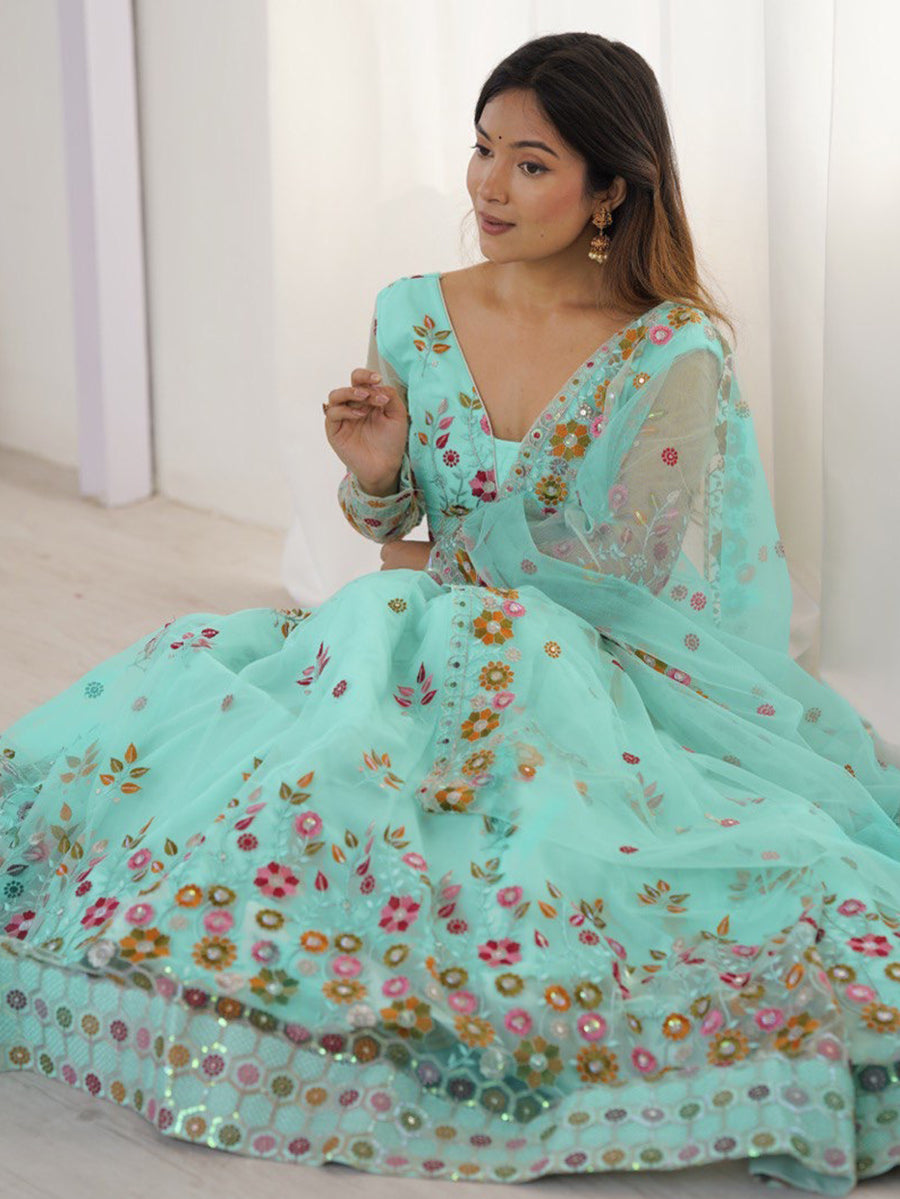Turquoise net lehenga choli with thread and sequins embroidery and dupatta