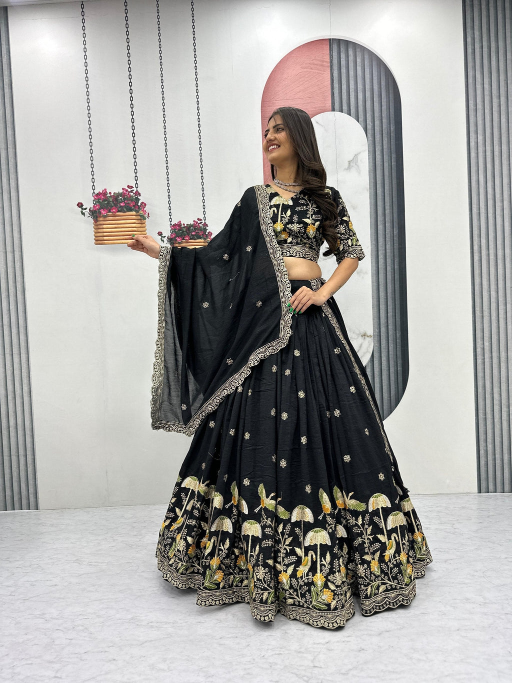 Vaidehi black vichitra silk embroidery work lehenga choli set