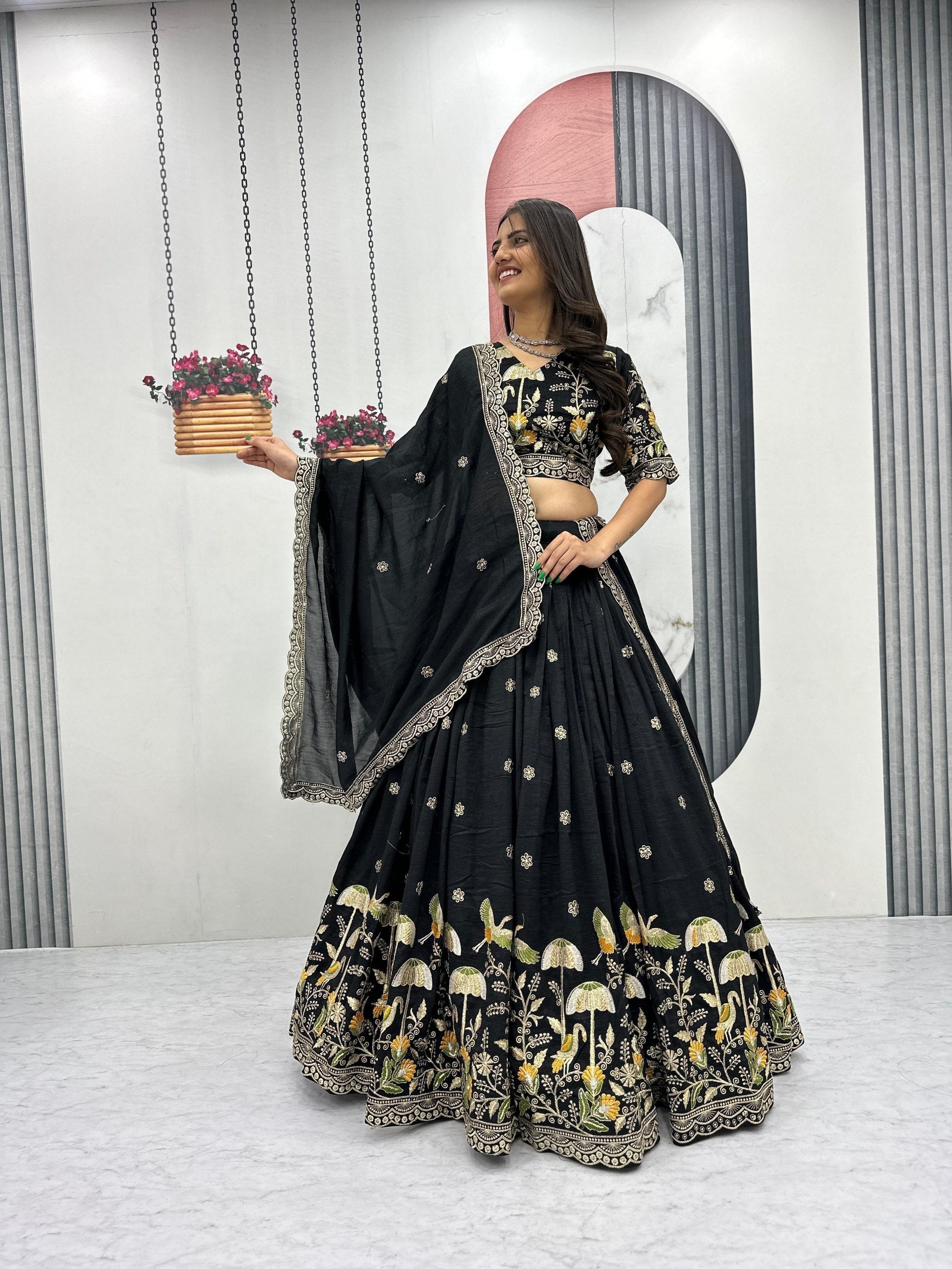 Vaidehi black vichitra silk embroidery work lehenga choli set