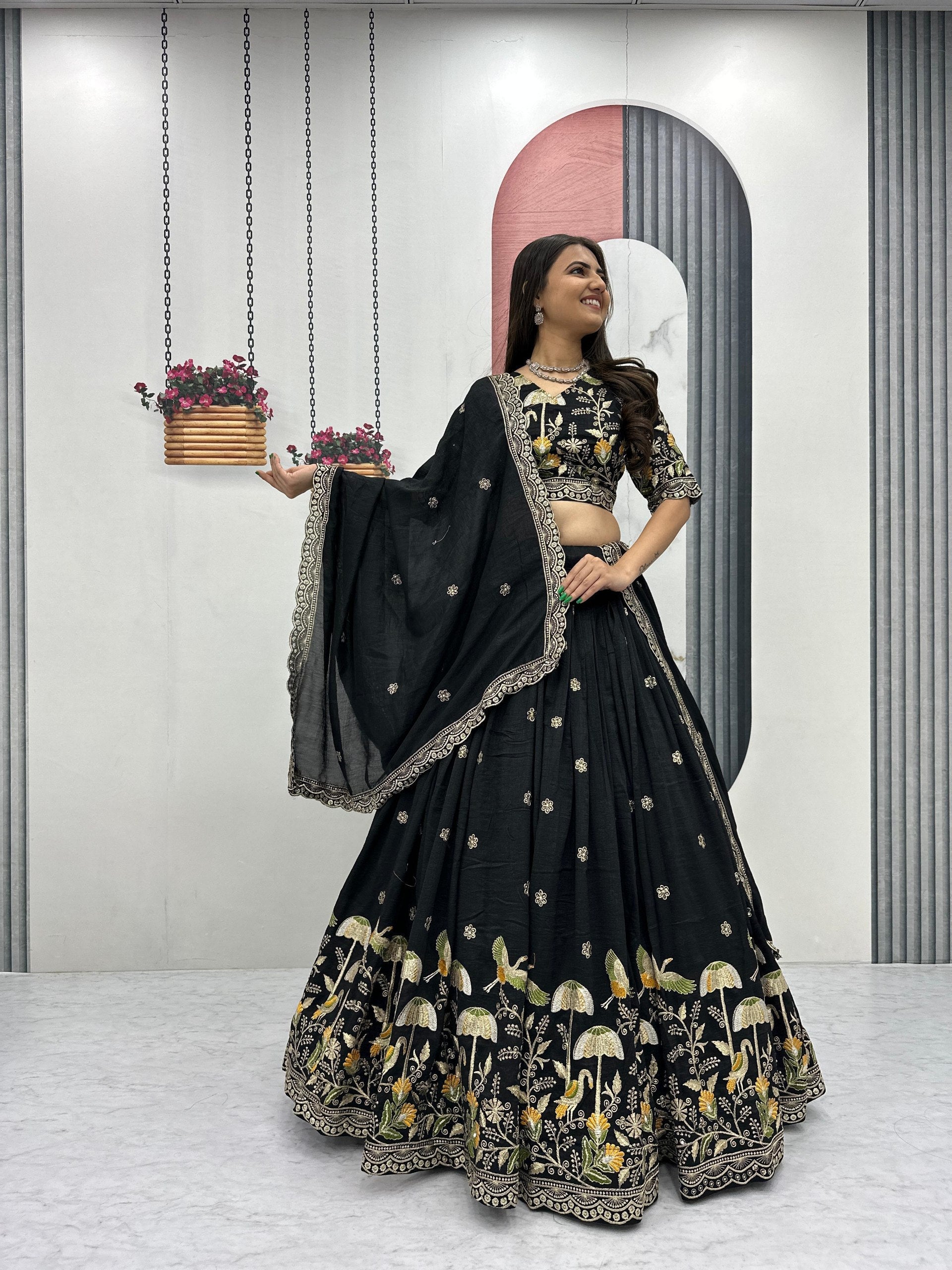 Vaidehi black vichitra silk embroidery work lehenga choli set