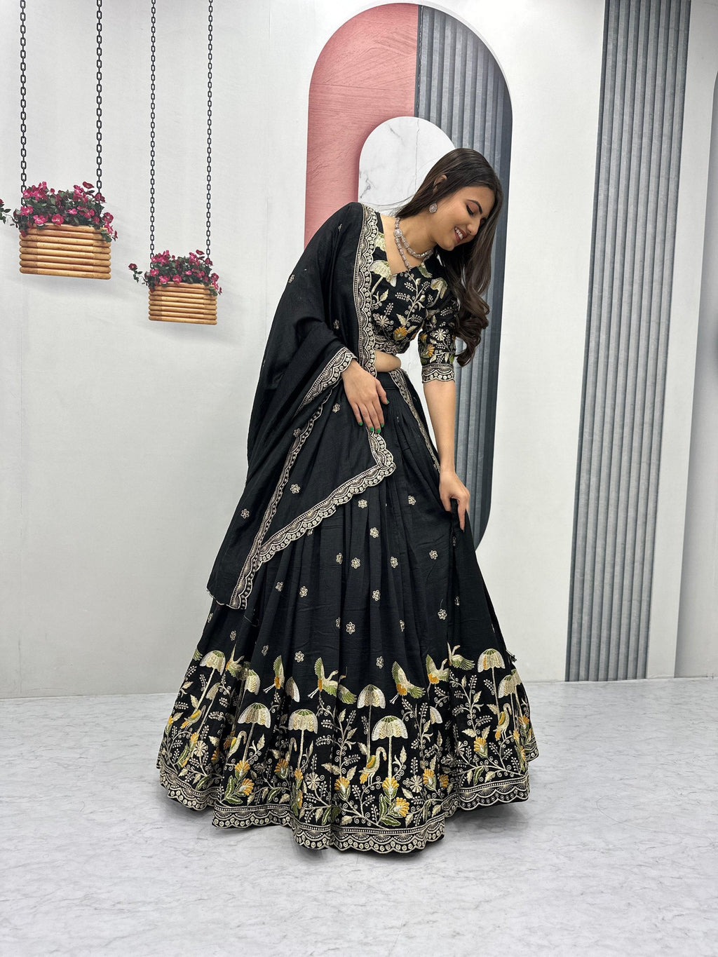 Vaidehi black vichitra silk embroidery work lehenga choli set