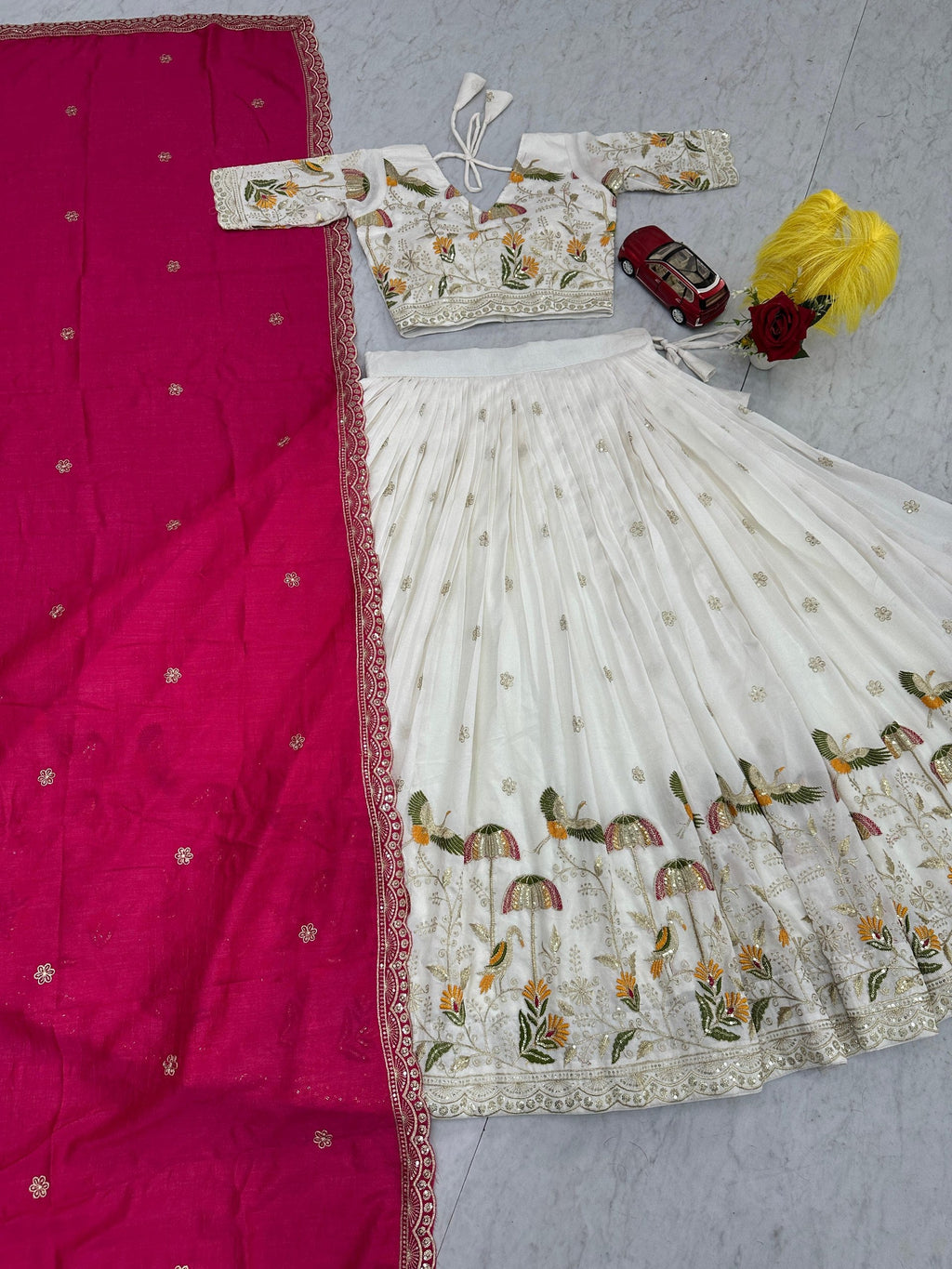 Vaidehi white vichitra silk embroidery work lehenga choli set