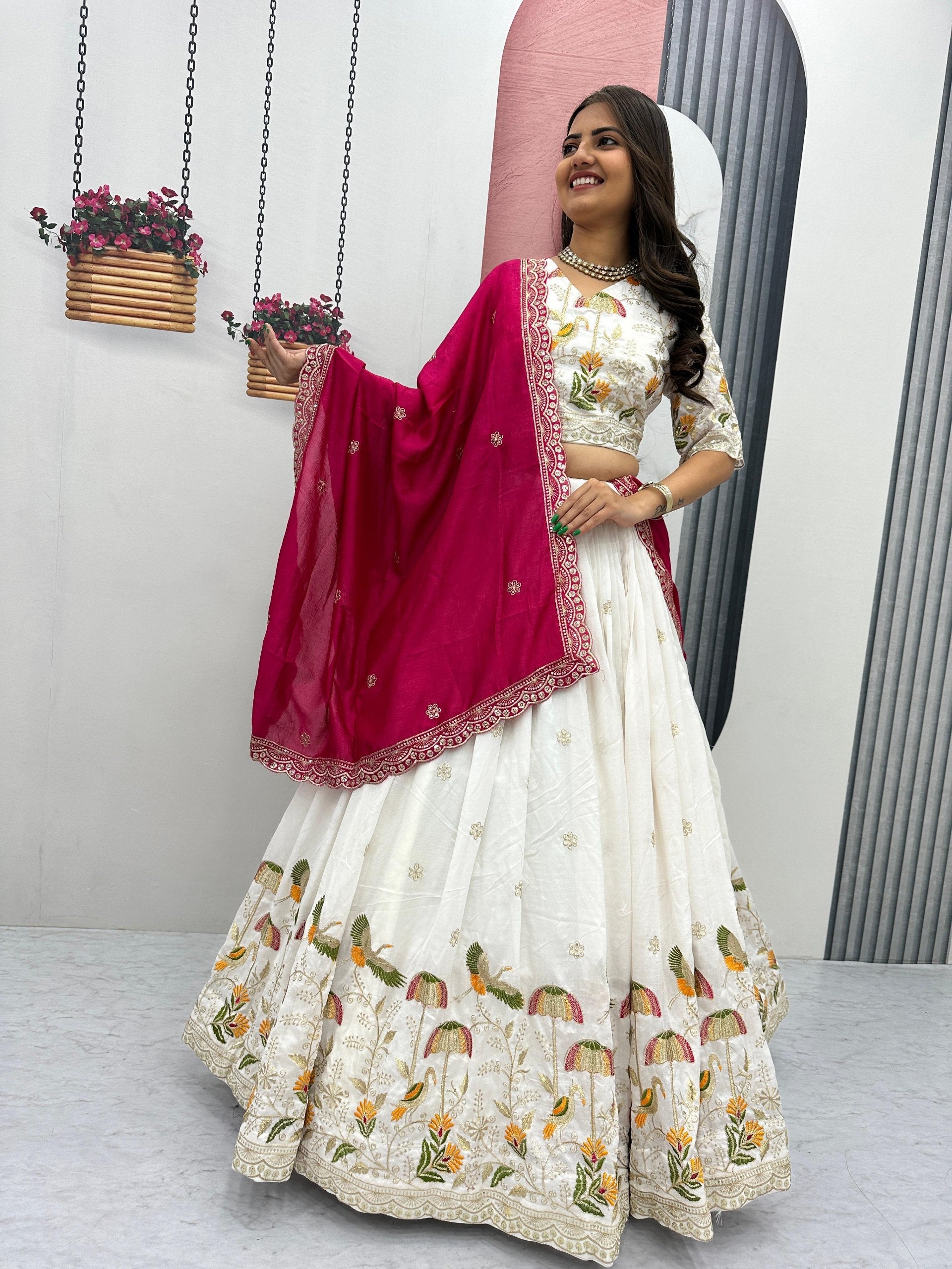 Vaidehi white vichitra silk embroidery work lehenga choli set