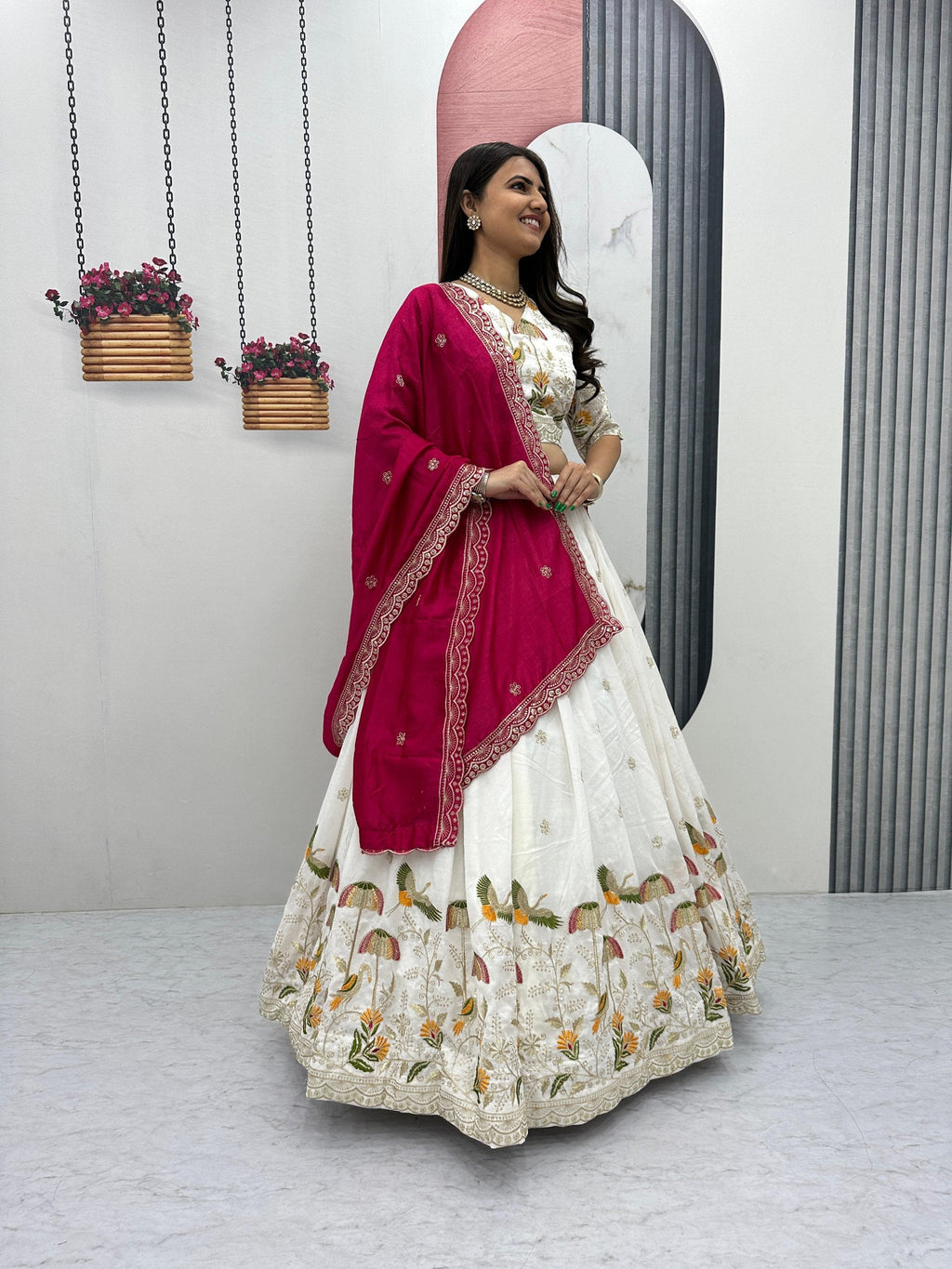 Vaidehi white vichitra silk embroidery work lehenga choli set