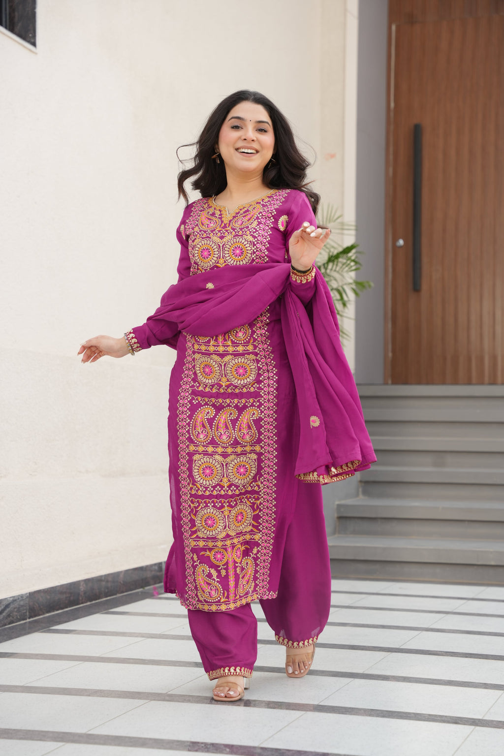 Varsha magenta Chinnon kurti set with zari multi thread embroidery work