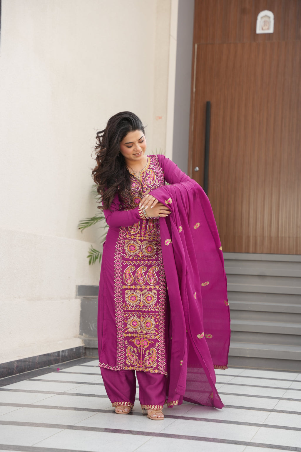 Varsha magenta Chinnon kurti set with zari multi thread embroidery work