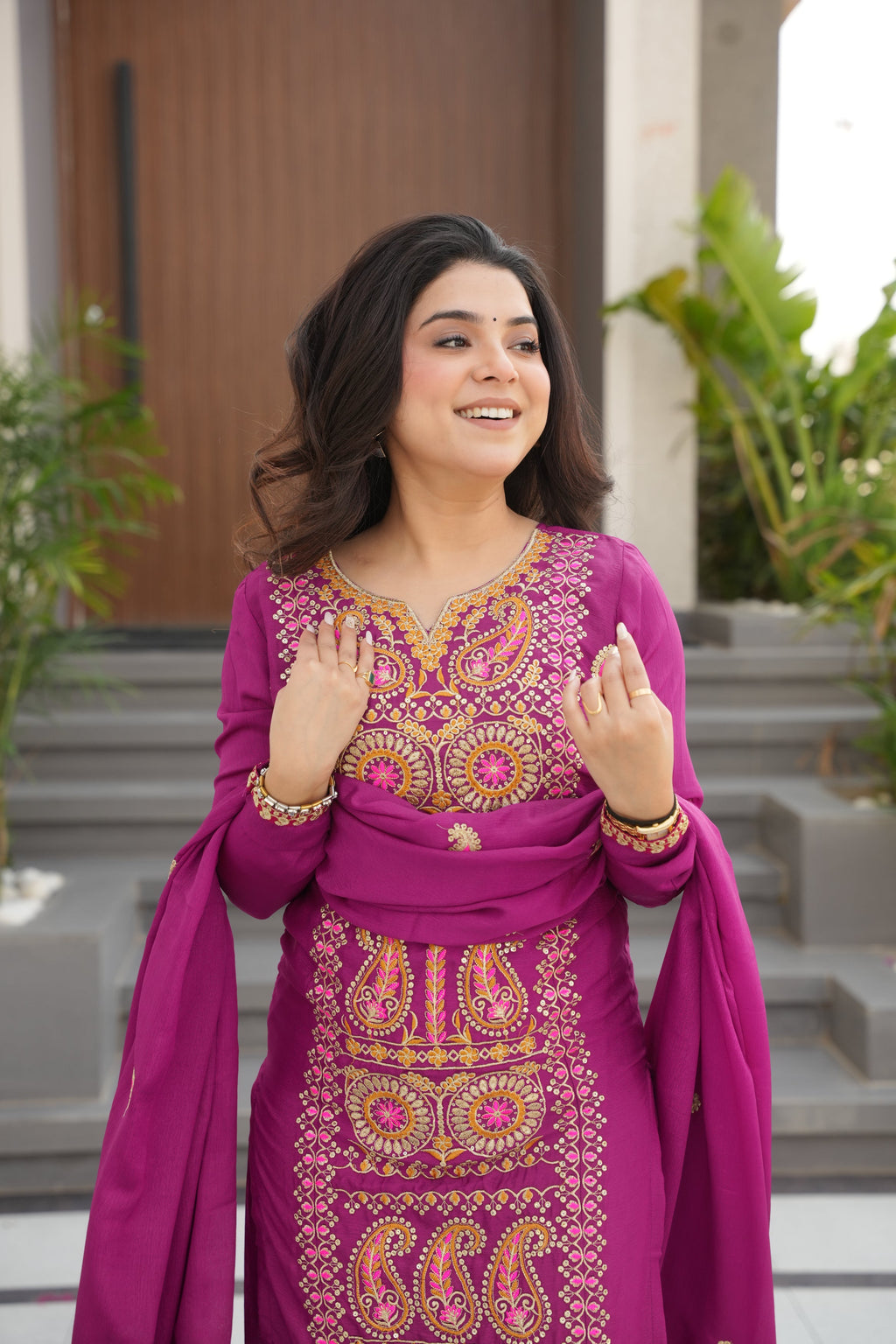 Varsha magenta Chinnon kurti set with zari multi thread embroidery work
