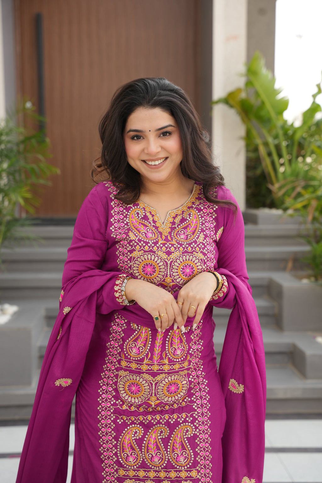 Varsha magenta Chinnon kurti set with zari multi thread embroidery work