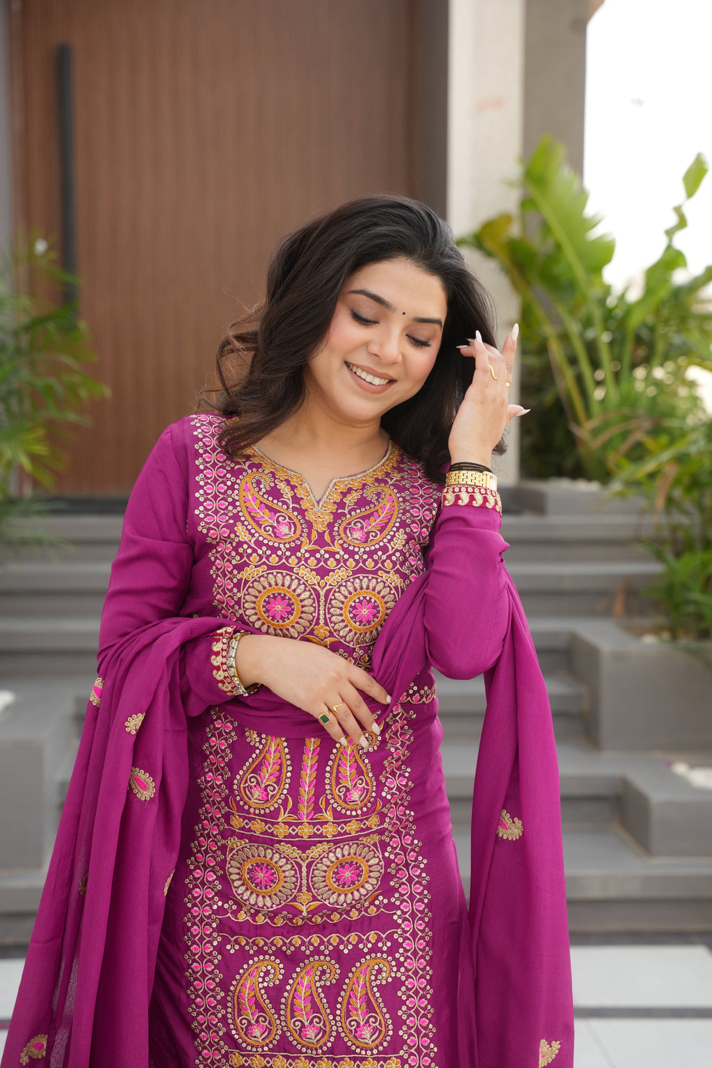 Varsha magenta Chinnon kurti set with zari multi thread embroidery work