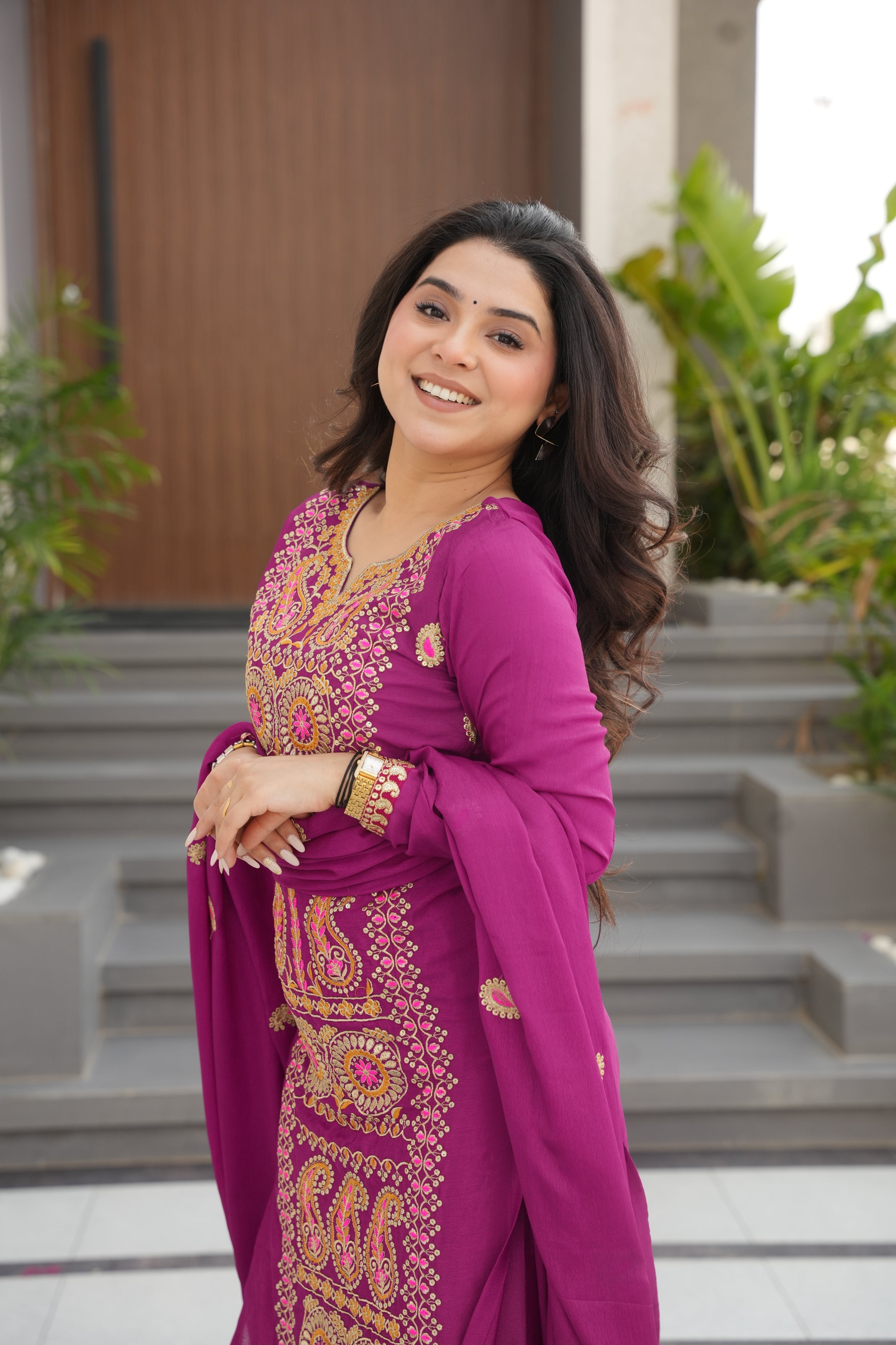 Varsha magenta Chinnon kurti set with zari multi thread embroidery work