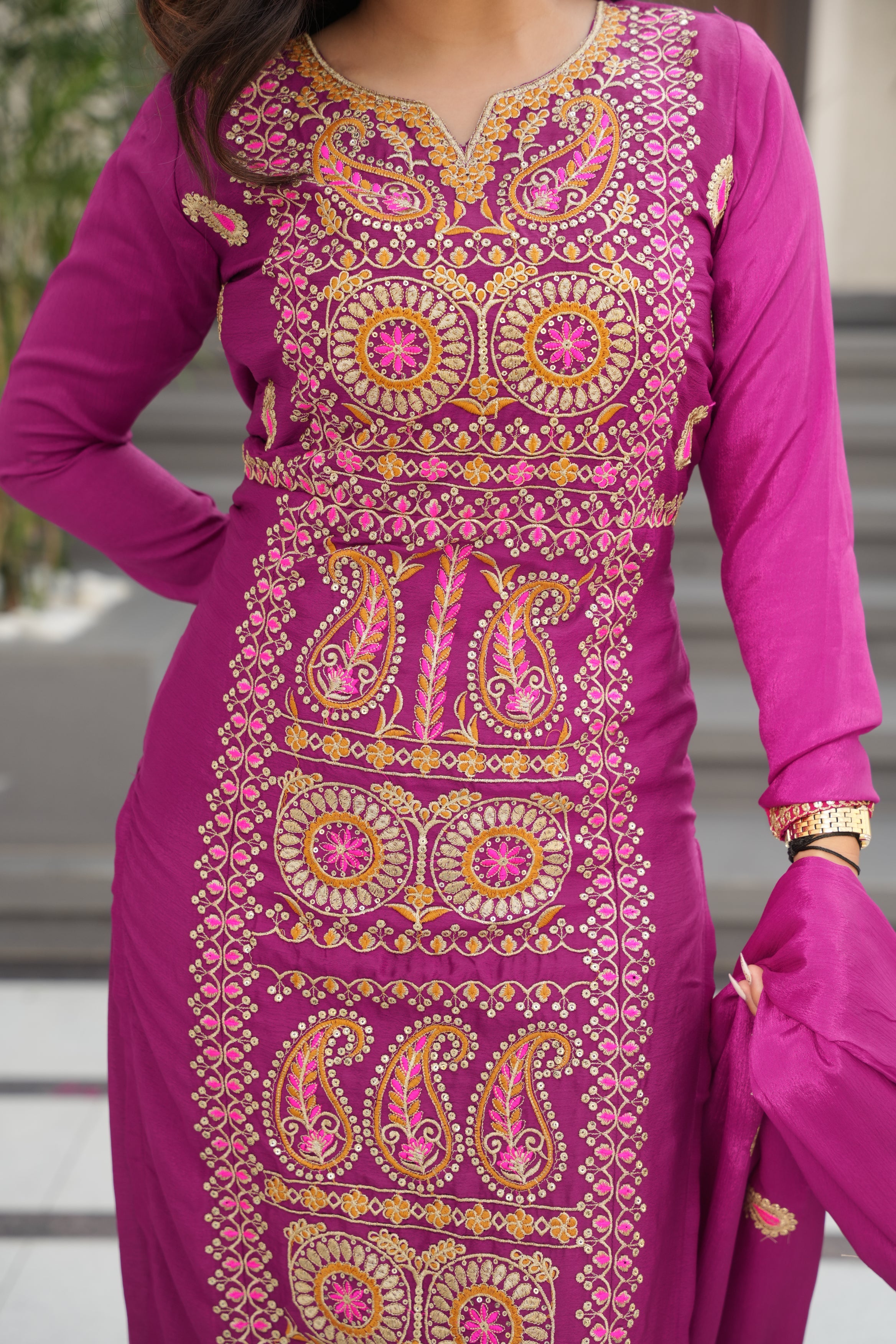 Varsha magenta Chinnon kurti set with zari multi thread embroidery work