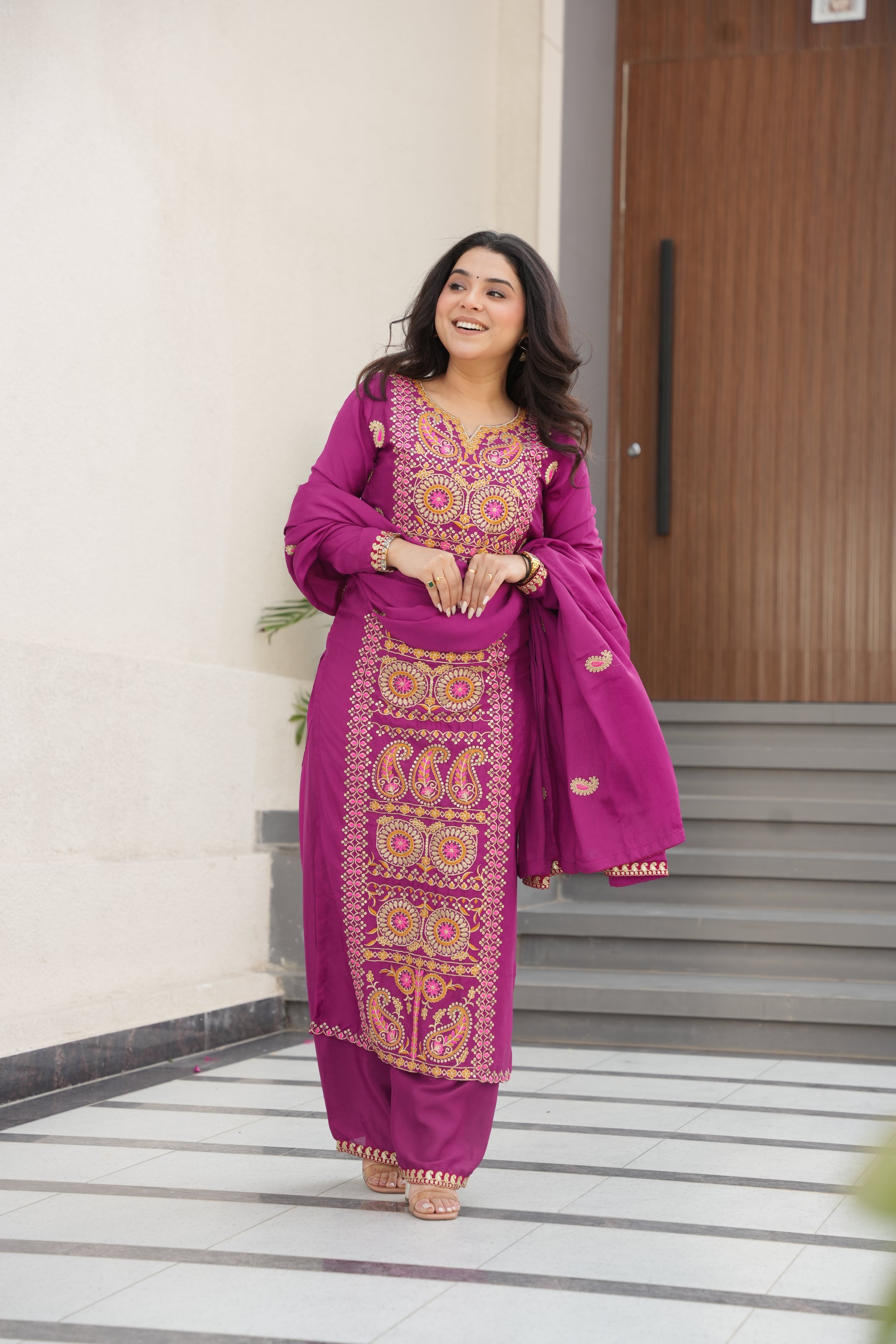 Varsha magenta Chinnon kurti set with zari multi thread embroidery work