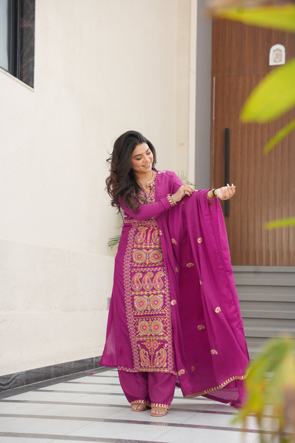 Varsha magenta Chinnon kurti set with zari multi thread embroidery work