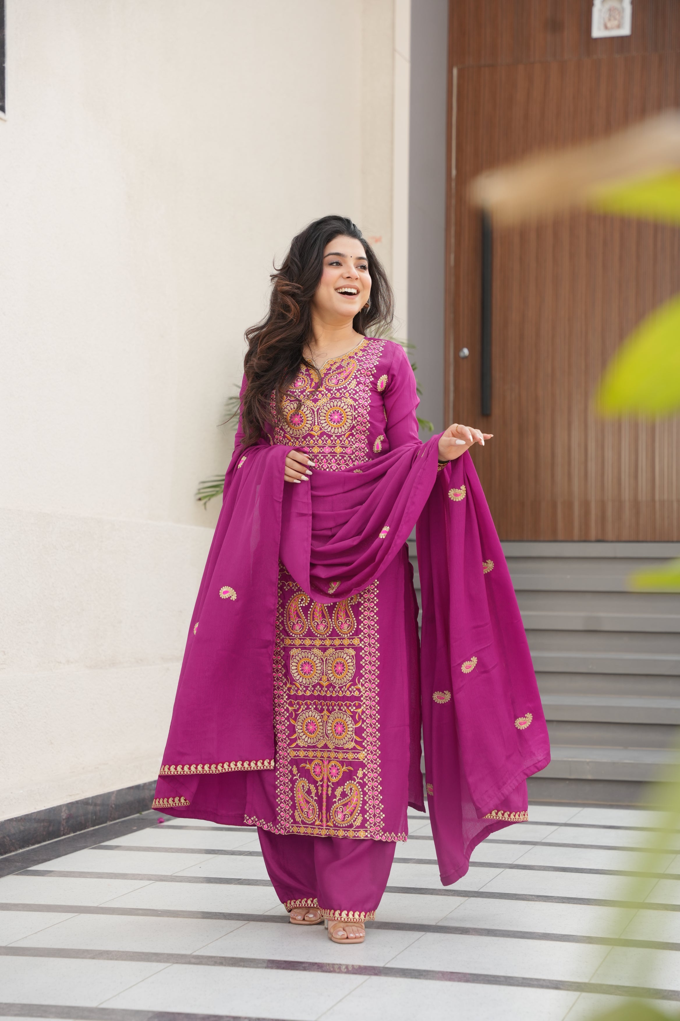 Varsha magenta Chinnon kurti set with zari multi thread embroidery work