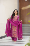 Varsha magenta Chinnon kurti set with zari multi thread embroidery work
