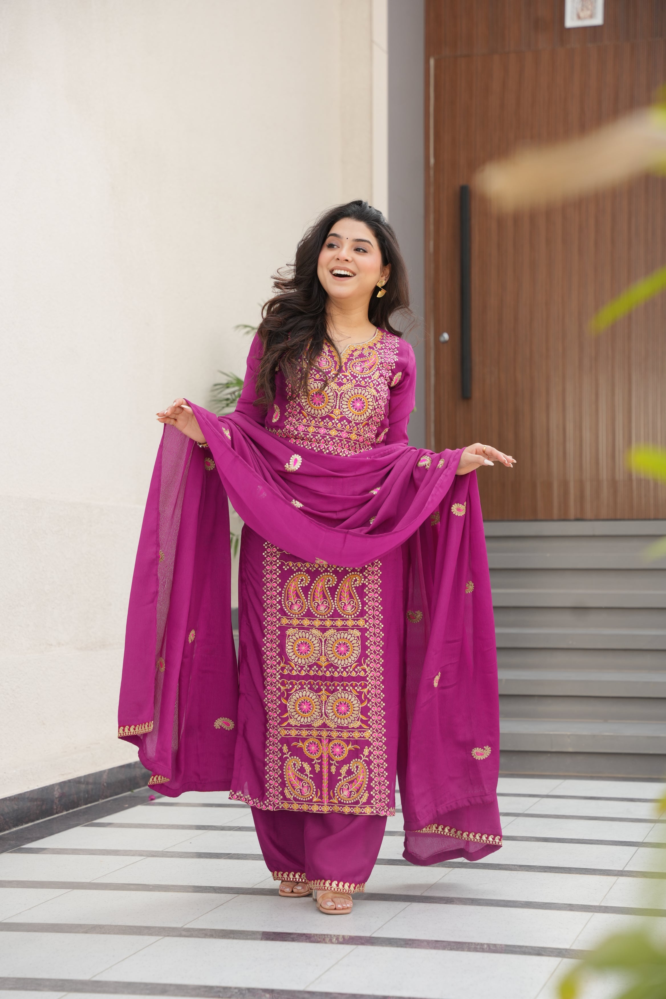 Varsha magenta Chinnon kurti set with zari multi thread embroidery work