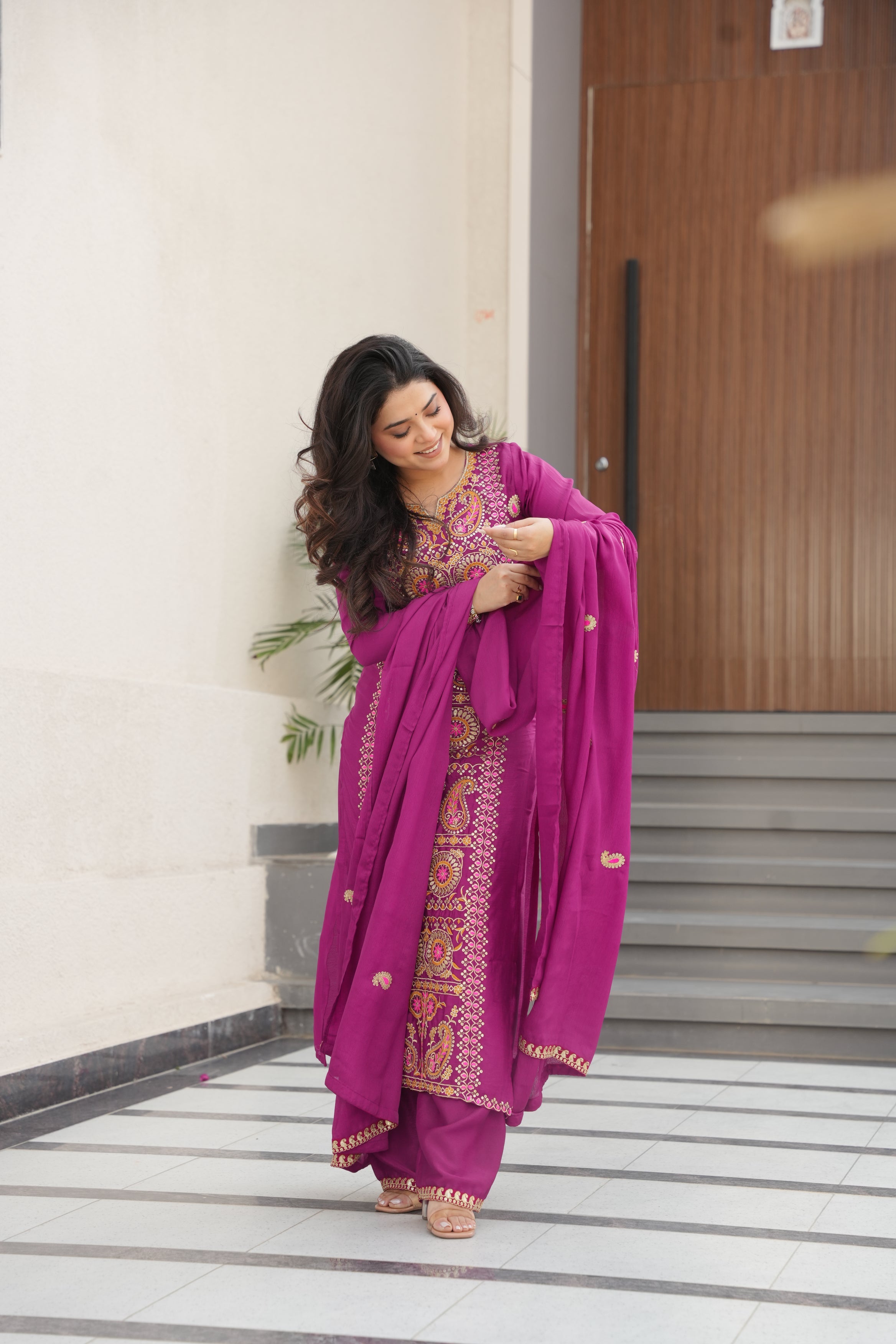 Varsha magenta Chinnon kurti set with zari multi thread embroidery work