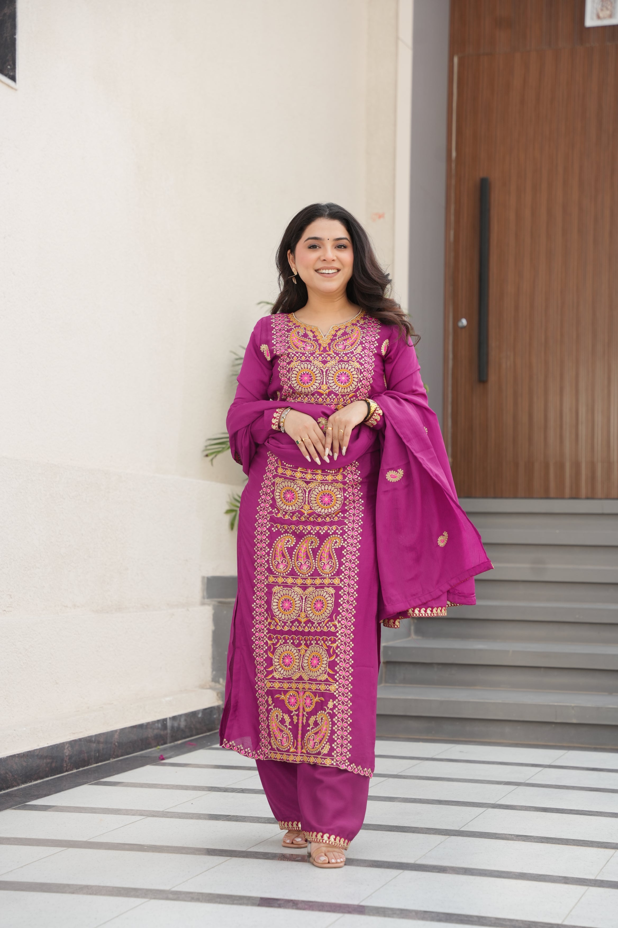 Varsha magenta Chinnon kurti set with zari multi thread embroidery work