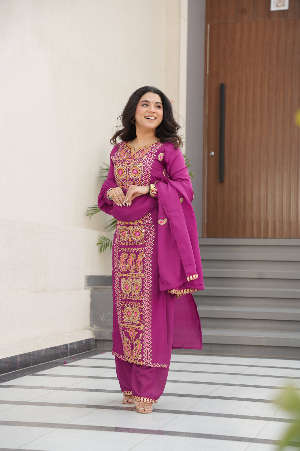 Varsha magenta Chinnon kurti set with zari multi thread embroidery work