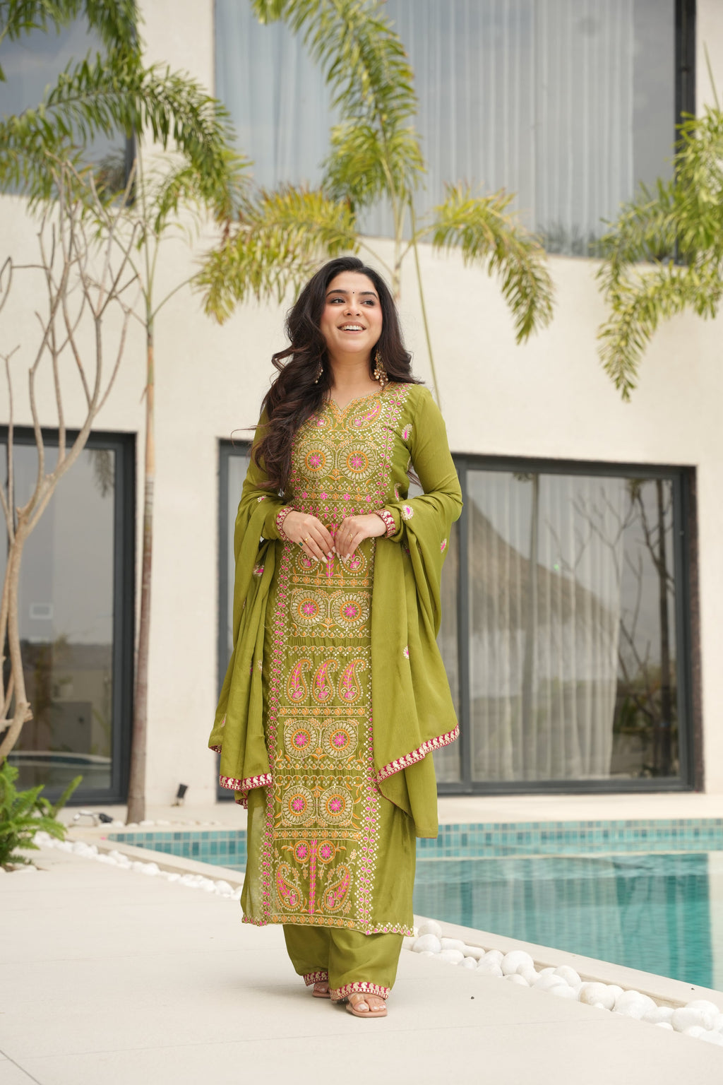 Varsha parrot green Chinnon kurti set with zari multi thread embroidery work