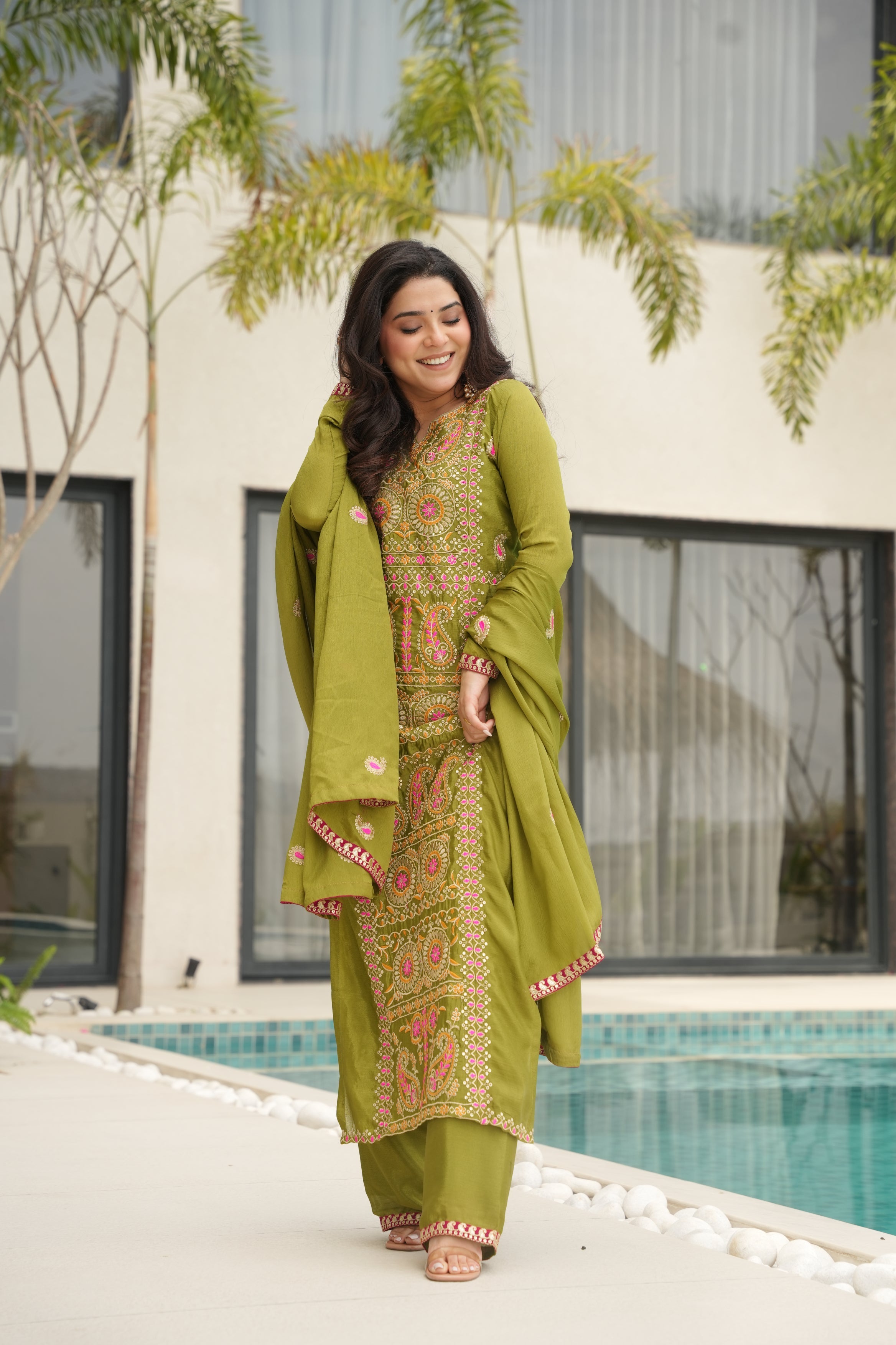 Varsha parrot green Chinnon kurti set with zari multi thread embroidery work