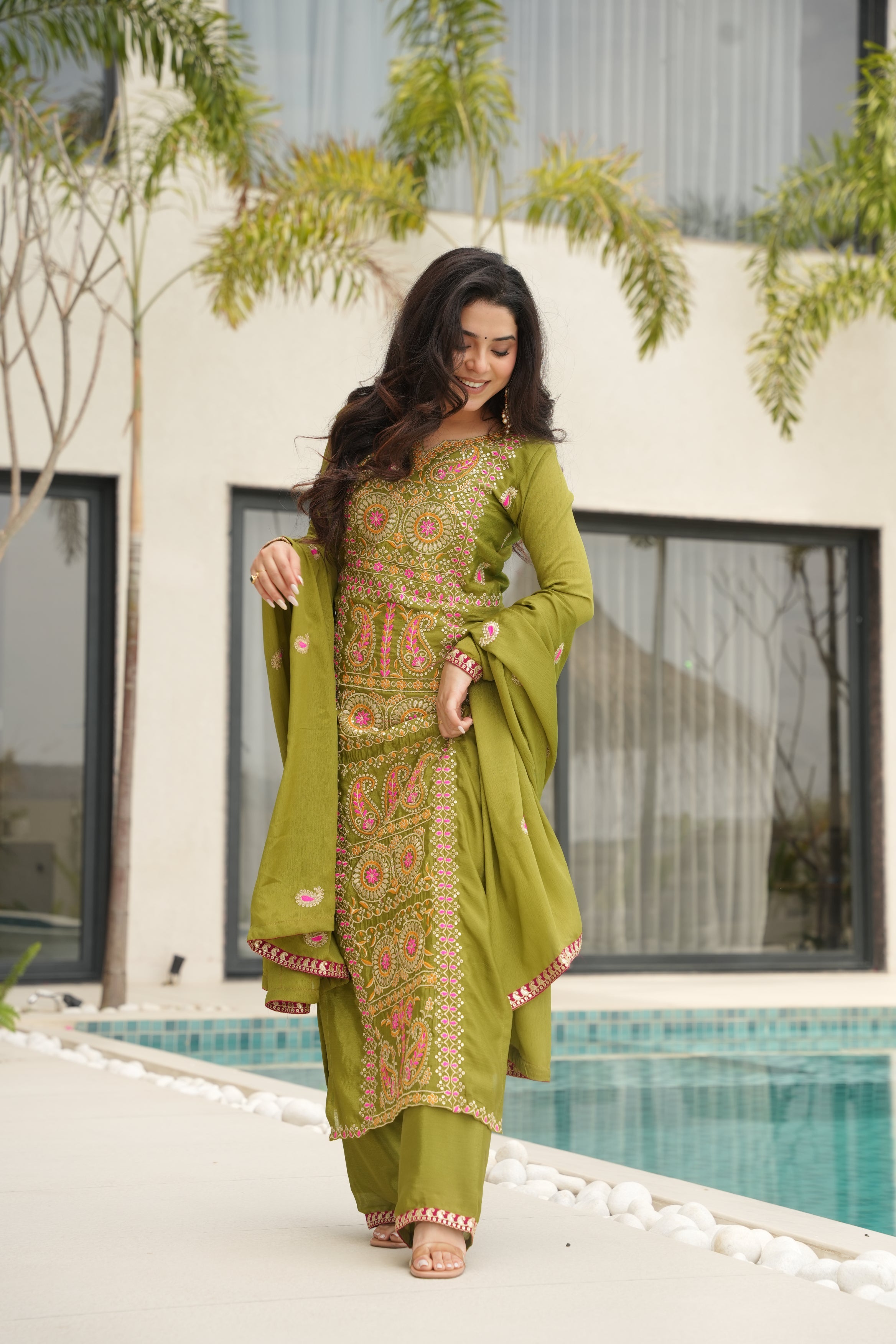 Varsha parrot green Chinnon kurti set with zari multi thread embroidery work