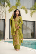 Varsha parrot green Chinnon kurti set with zari multi thread embroidery work