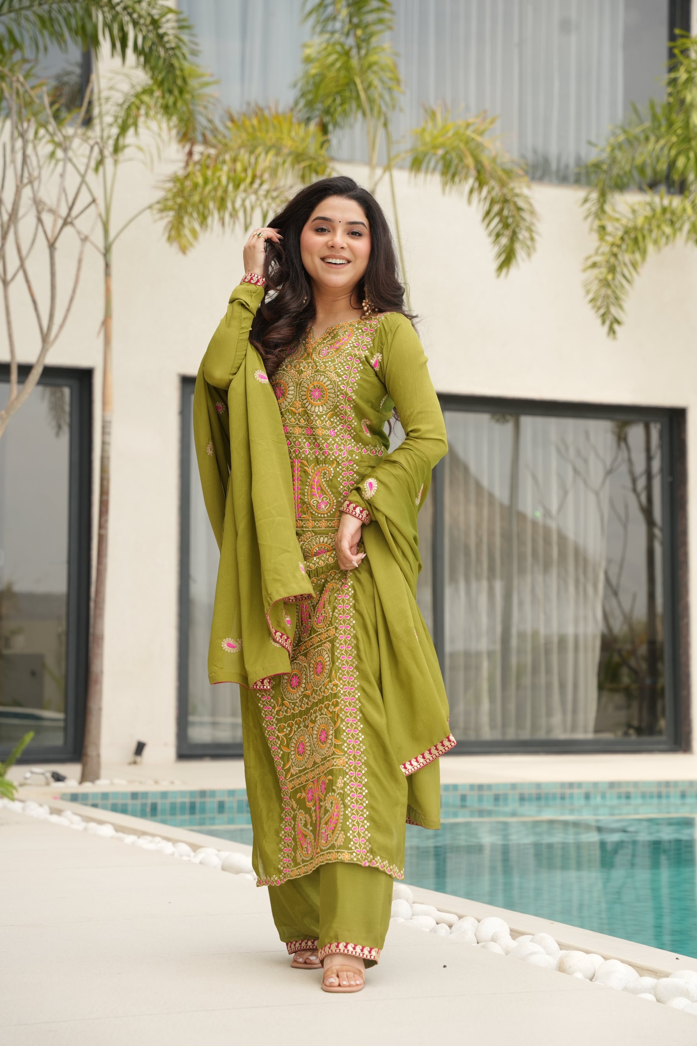 Varsha parrot green Chinnon kurti set with zari multi thread embroidery work